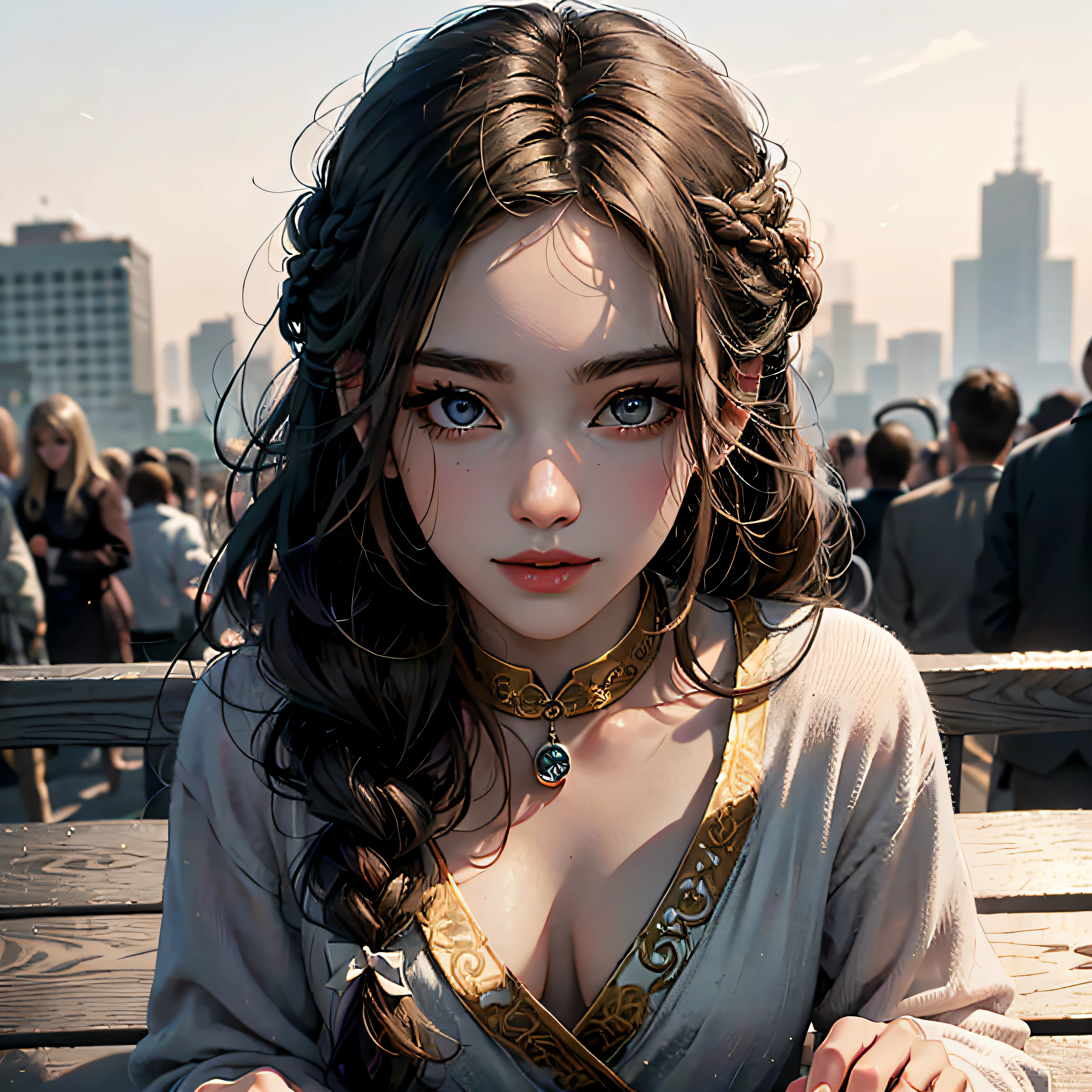 Noble cheongsam lady sitting on a bench,Upper body diagram,Need,Hands behind your back,Brown hair, french braid, Absurdly long hair, Hairpin, hair pin, ribbon, jewelry, bell, Gradient eyes, Diamond-shaped pupils, Makeup, Smile, High detail, Tonalism, Chiaroscuro, Ray tracing, god light, stereograms, symetry, hyper HD, Textured skin, A high resolution, Best quality, Super detail
