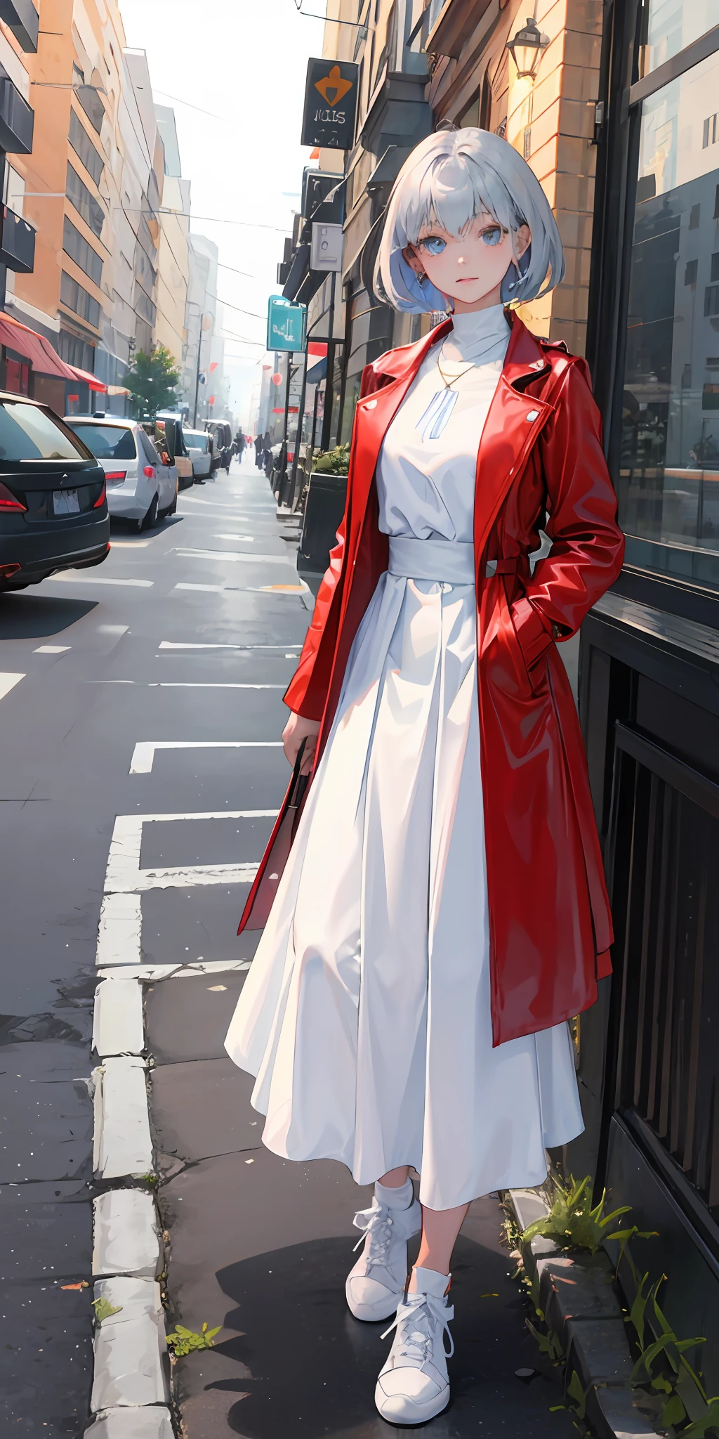 1girll,silber hair,Medium and short hair,Blue iridescent eyes,Red leather coat,a white long skirt,black lence stockings,Brown high-tops,Hold a knife in your hand,Stand in the middle of the road,8K,tmasterpiece,Wallpapers