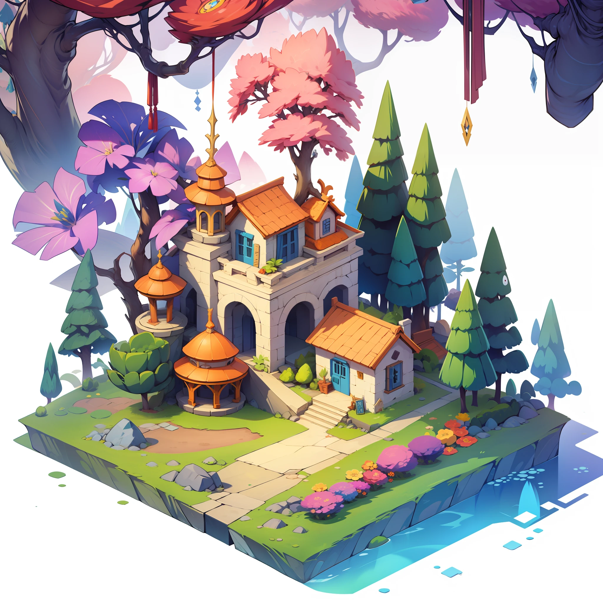 Isometric architecture，White background，The theme of the forest，cartoonish style，angle of depression，White background，isometry，gameicon，tmasterpiece，best qualtiy，超高分辨率，3Drenderingof，8K，