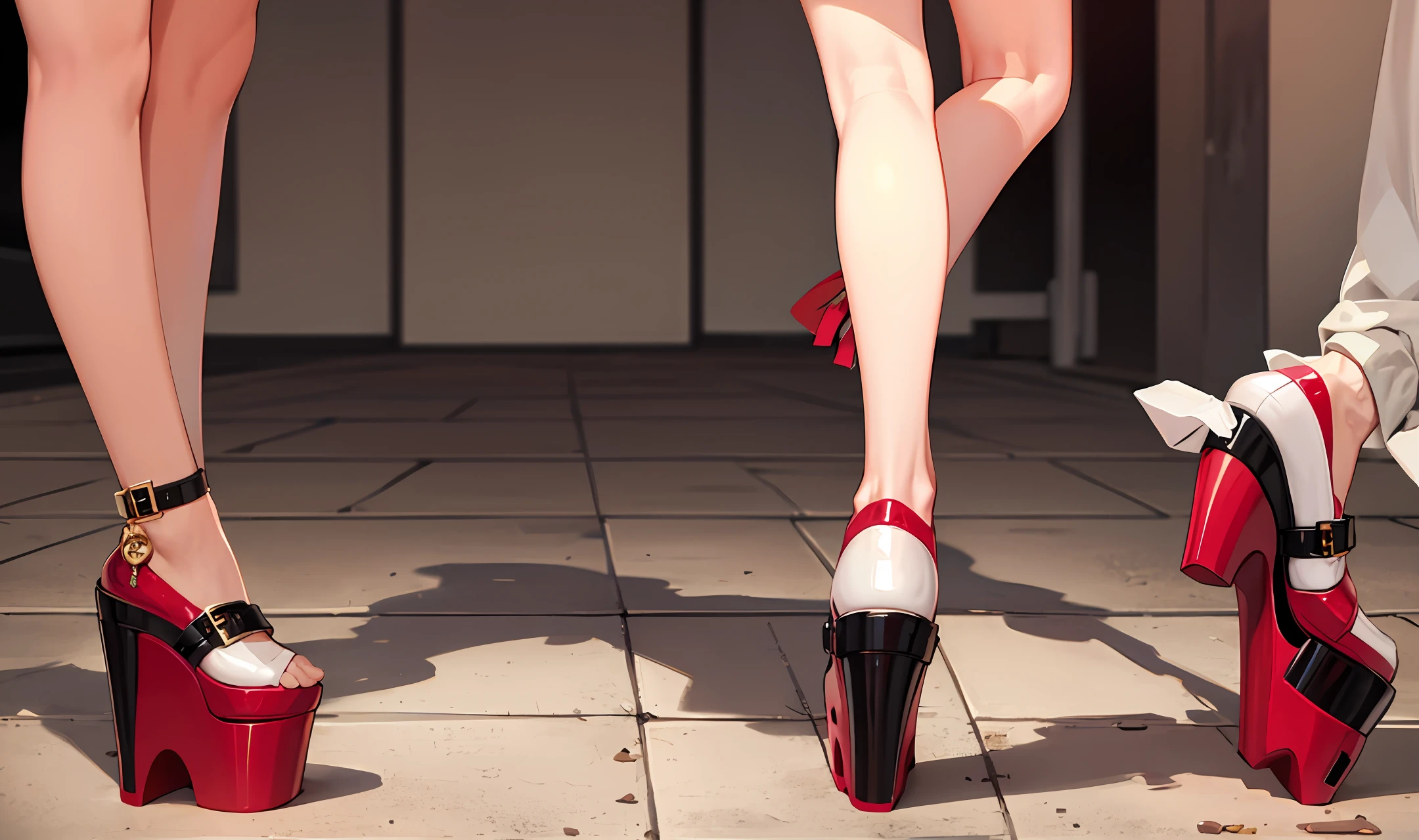 Girls step on bread in platform shoes