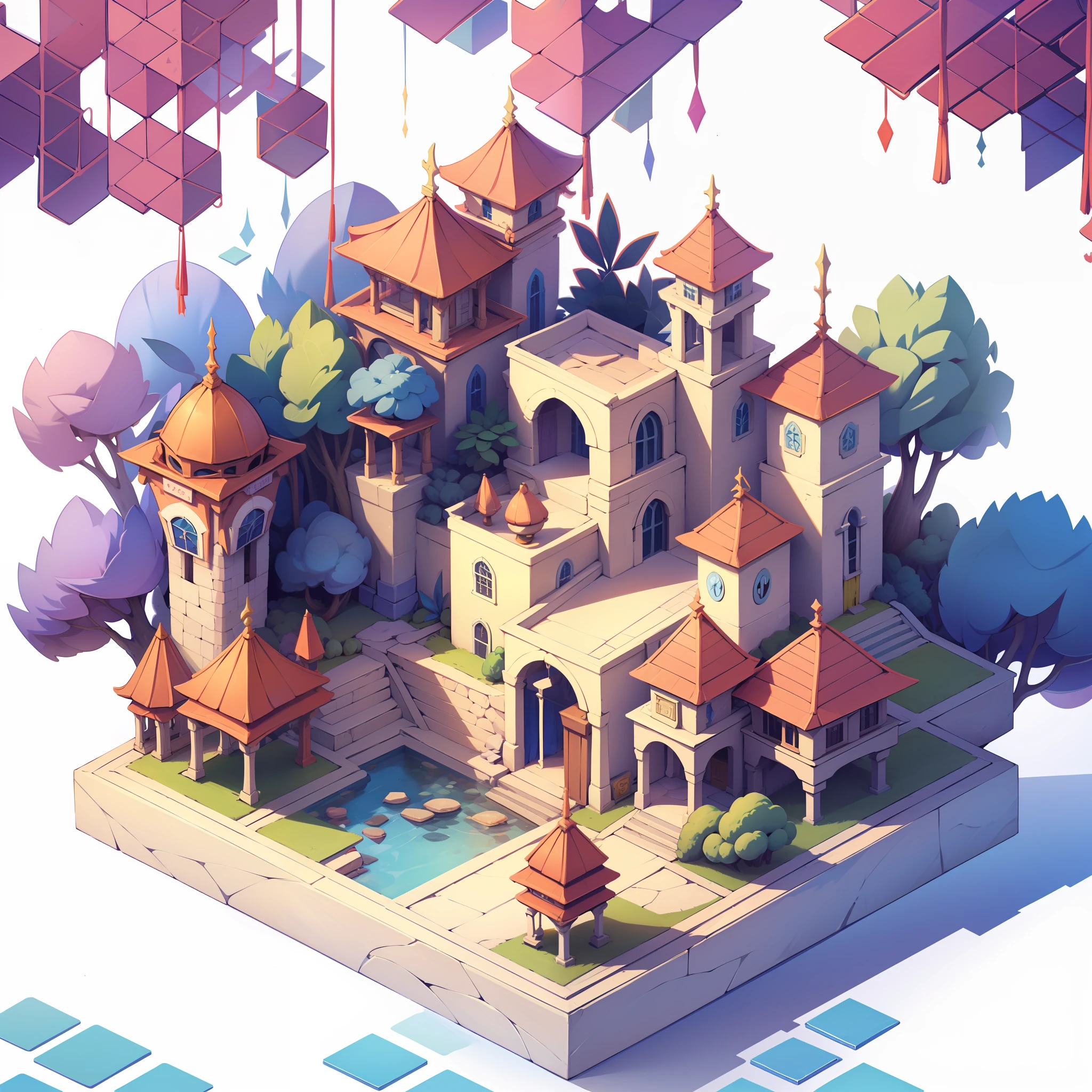 Isometric architecture，White background，The theme of the forest，cartoonish style，angle of depression，White background，isometry，gameicon，tmasterpiece，best qualtiy，超高分辨率，3Drenderingof，8K，