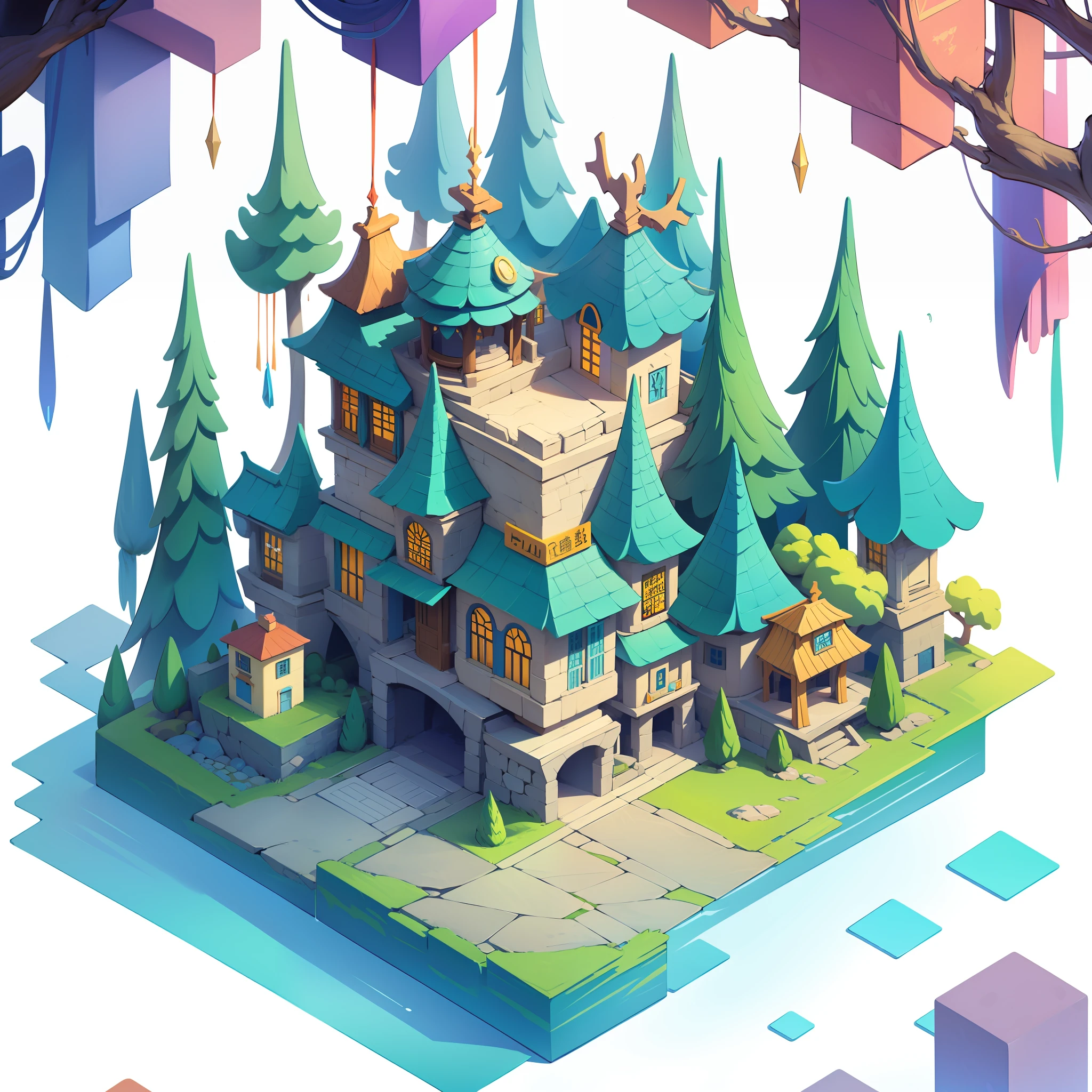 Isometric architecture，White background，The theme of the forest，cartoonish style，angle of depression，White background，isometry，gameicon，tmasterpiece，best qualtiy，超高分辨率，3Drenderingof，8K，