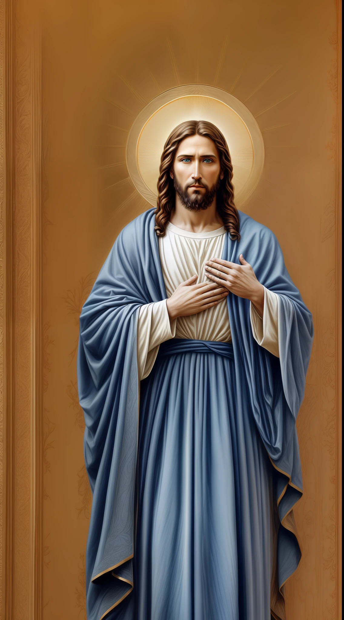Portrait of a handsome Jesus , Jesus Christ, real blue eyes, sunny day, intricate details.real jesus lord, straight head face, Straight body.Prayer jesus, perfect full body