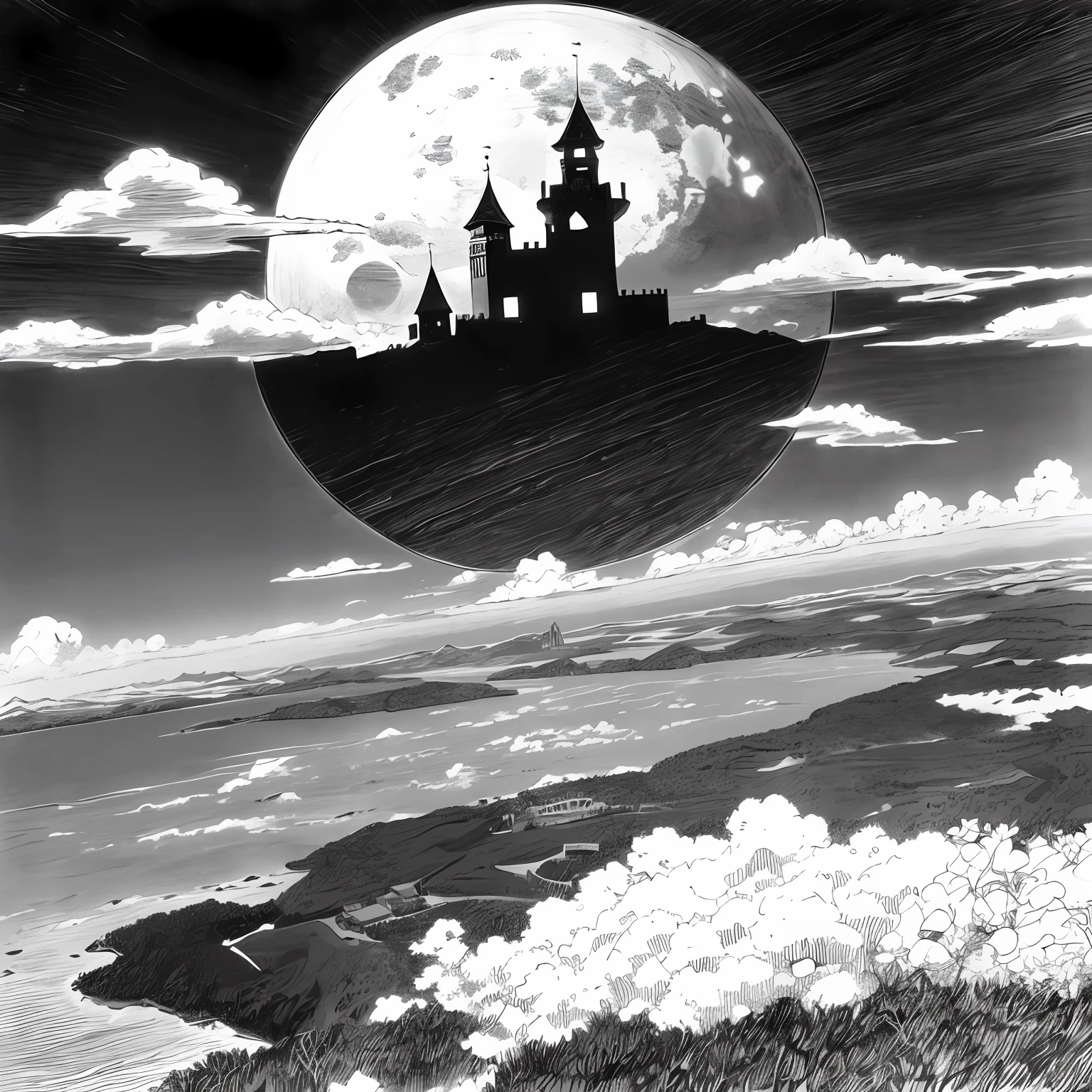 castle in the clouds in the center of the image.
The castle is half hidden behind the clouds.
Black and white drawing in Japanese manga style --auto