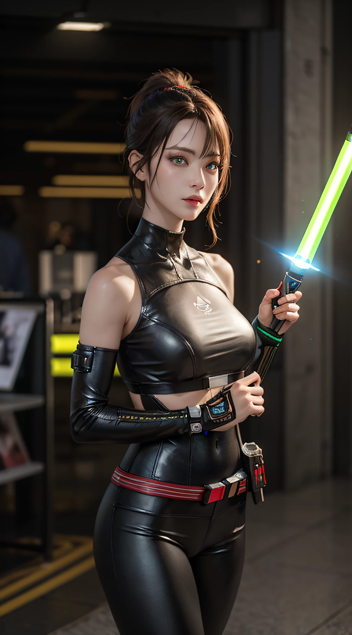 ((Best quality)), ((Masterpiece)), (Details:1.4), 3D, images of beautiful cyberpunk women,hdr (HighDynamicRange),Ray tracing,NVIDIA RTX,Super resolution,Unreal 5,Subsurface scattering,PBR Texture,Post-processing,Female Jedi,,(holding light saber, attack pose)) 、