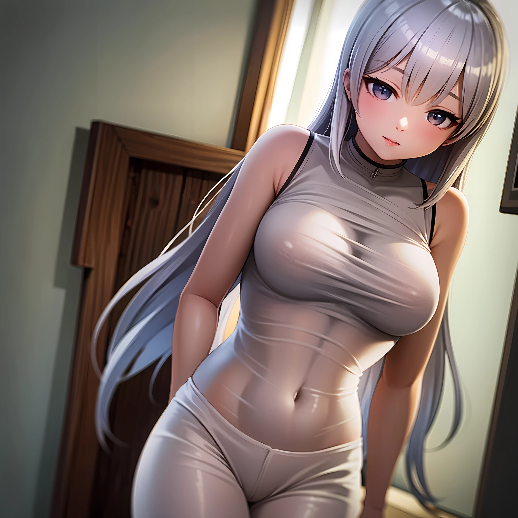 (Sheer silhouette) zori (Blouse with super big:1.2),, Control the light, White color blouse, long white hair, Keep one's mouth shut, Large breasts, cropped shoulders, Cherry body SD15