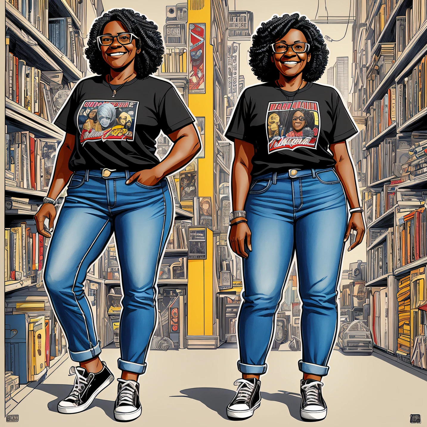 realistic photo CHARACTER PROFILE. illustration. A black old woman, overweight, BLACK HAIR, not muscular, smiling, wearing prescription glasses and dressed in the 80's style. T-shirt with rock and roll illustration. ElA is a nerd and her hands are well drawn. NOSTRAR CHARACTER full body. ElA is HOLDING an OLD GUITAR. wearing jeans, punk t-shirt, all star sneakers and the illustration is done in comic art. concept art, conceptual art, UHD --auto --s2
