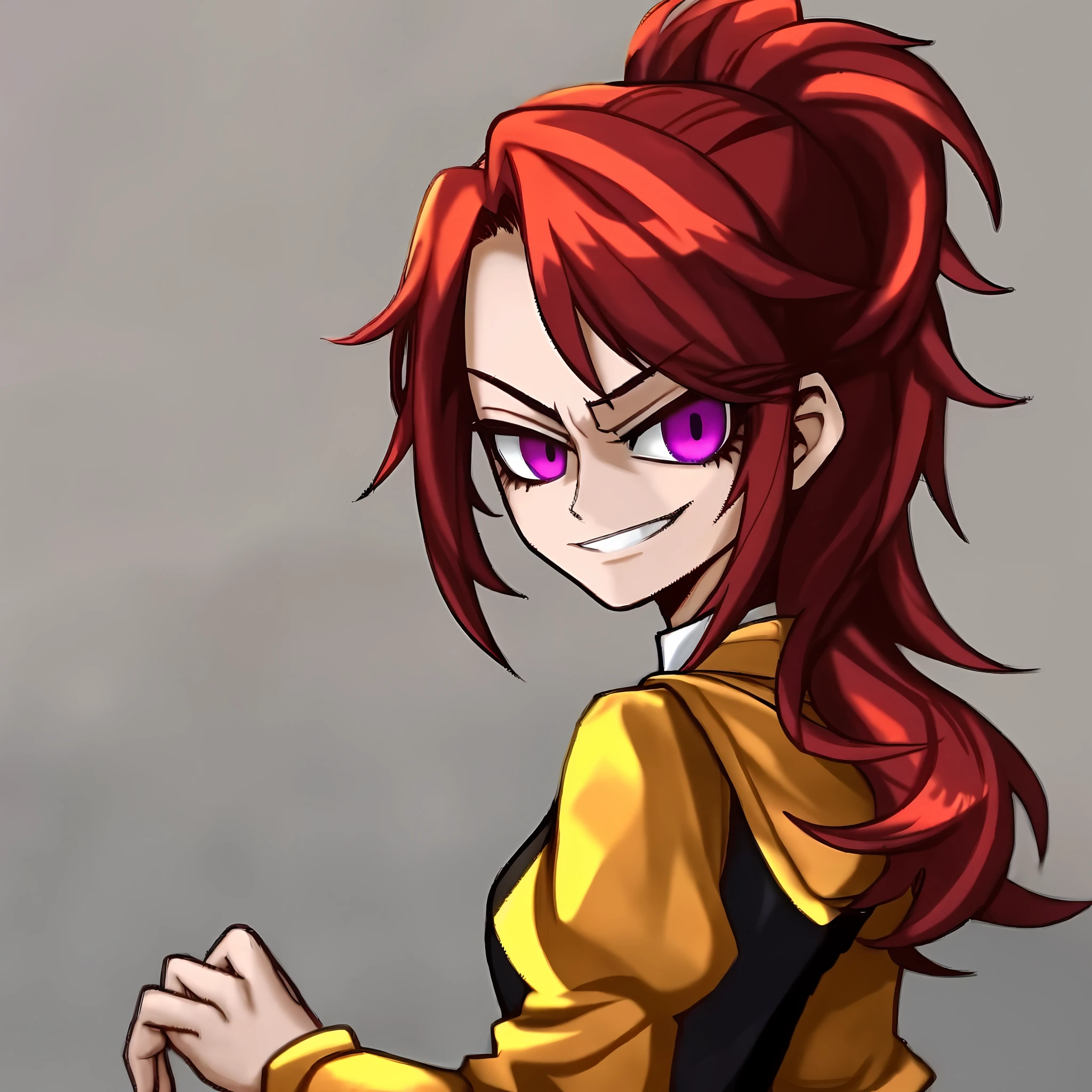 A girl with red hair and purple eyes stands with her back to the camera, turns his head around, evil smirk, close - up