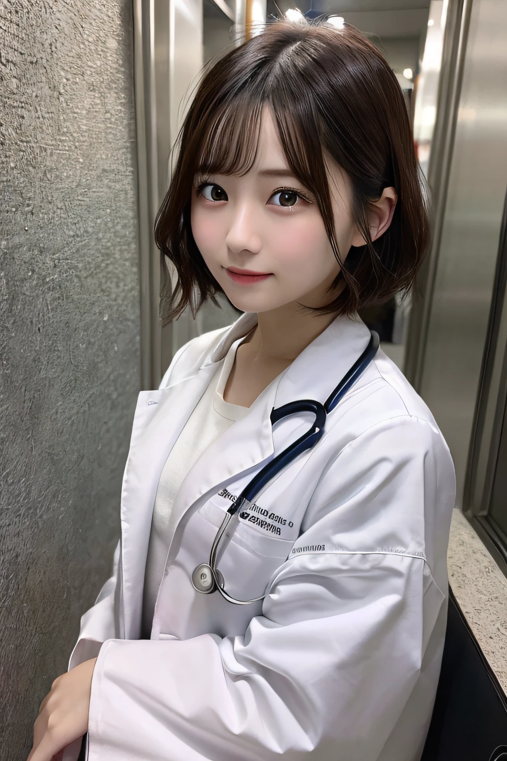 (masuter piece:1.3)、(8k、Photorealsitic、RAW Photography、top-quality: 1.4)、(1girl)、japanes、22year old、beautiful countenance、(lifelike face)、(A dark-haired、short-hair:1.3)、Beautiful hairstyle、realisticeyes、Beautiful details、（real looking skin）、Beautiful skins、absurderes、enticing、doctor、Manteau blanc、Medical Resident