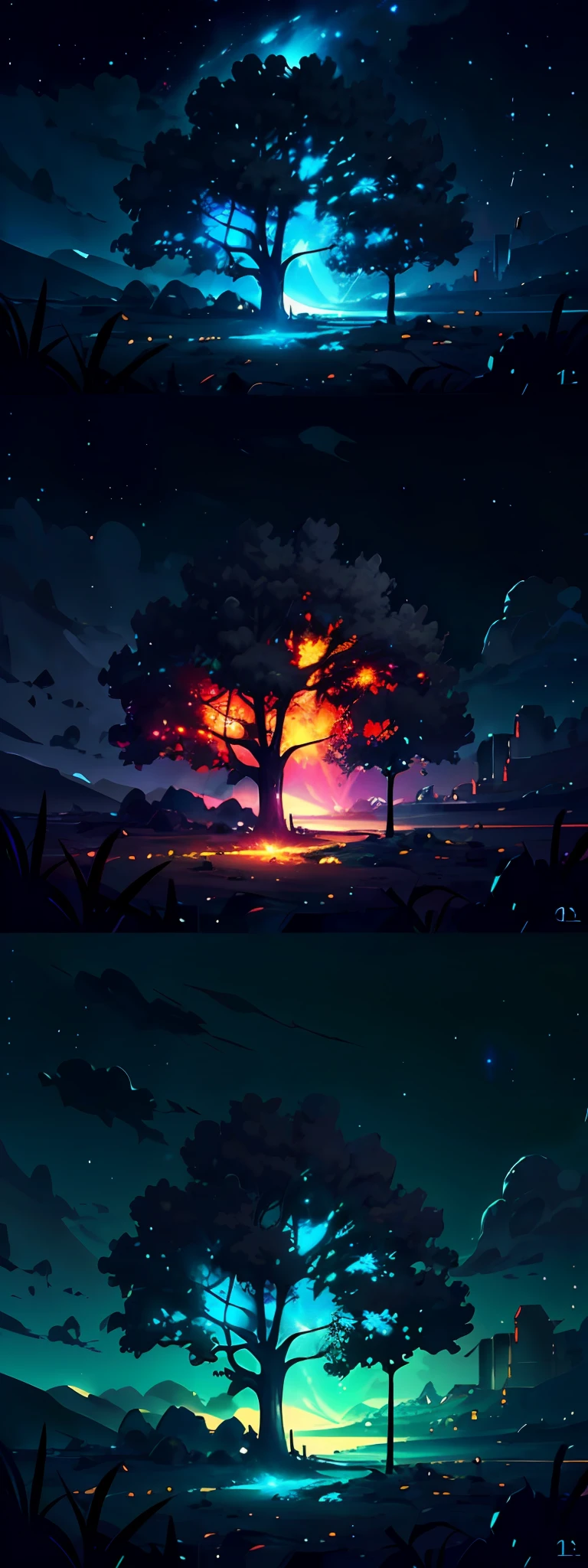 fotografia de paisagem expansiva, (a view from below that shows the sky above and the open field below), uma garoto parada com uma guitarra, (lua cheia: 1.2), (estrelas cadentes: 0.9), (nebulosa: 1.3), montanha distante , BREAK tree production art, (fonte de luz quente: 1.2), (Firefly: 1.2), lamp, muito roxo e laranja, detalhes complexos, BREAK volumetric lighting (obra-prima: 1.2), (melhor qualidade), 4k, ultradetalhado , (dynamic compositing: 1.4), detalhes coloridos altamente detalhados (cores iridescentes: 1.2), (Glow lighting, Atmospheric Illumination), sonhador, magica, (solo: 1.2)
