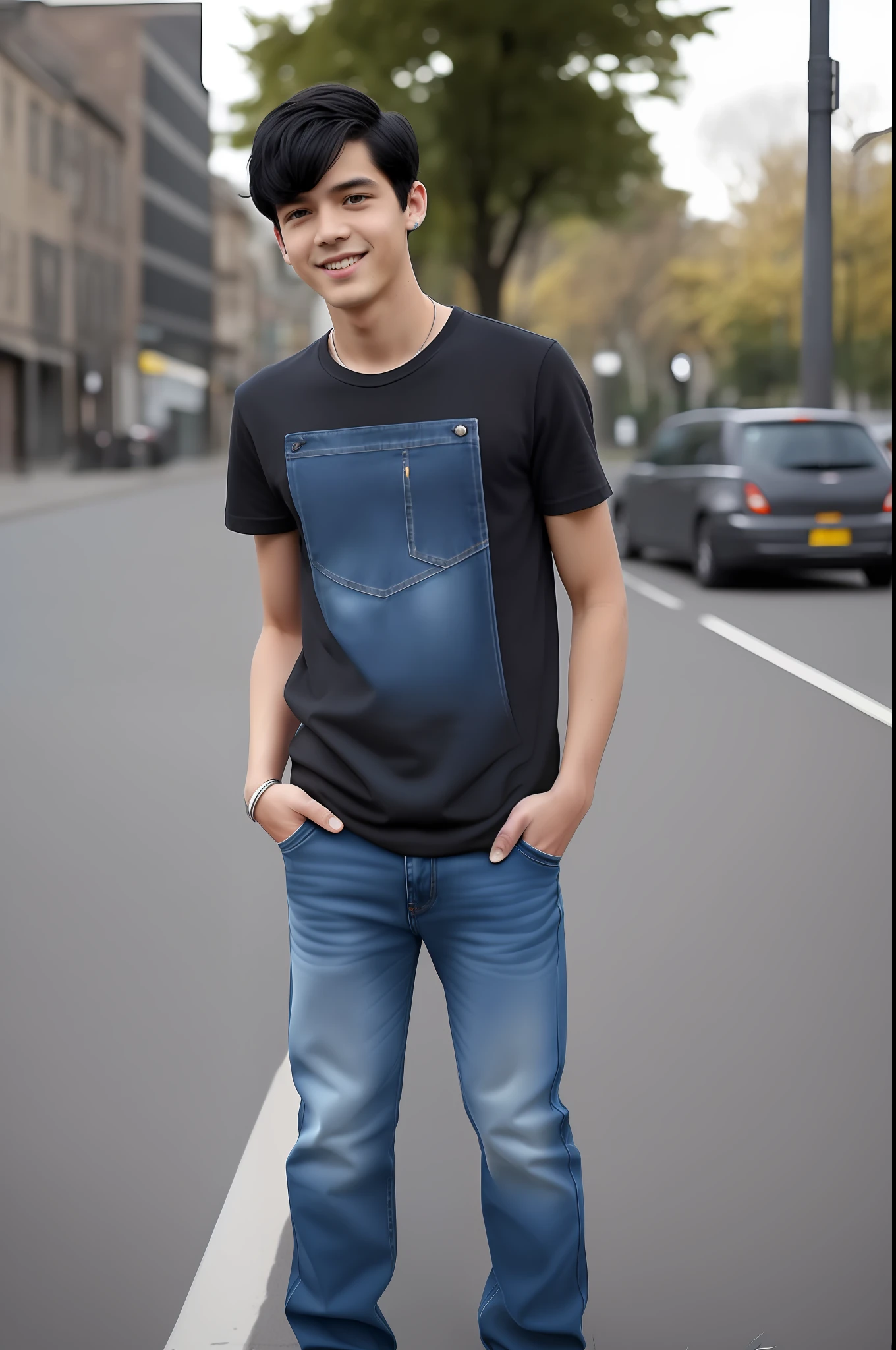 Standing on a street corner (((1 boy))) ((the whole body is visible)), he is a man. Far from the viewer. He is beautiful, Young European, short black hair, wearing basic round neck plain Tee-shirt, tight jeans, He is slender, tall and has good style. He has center-parted black hair with shiny smooth hair. He's grinning. He cranes his head to look at us. He wears slim denim pants. He has his hands in his pockets. --auto