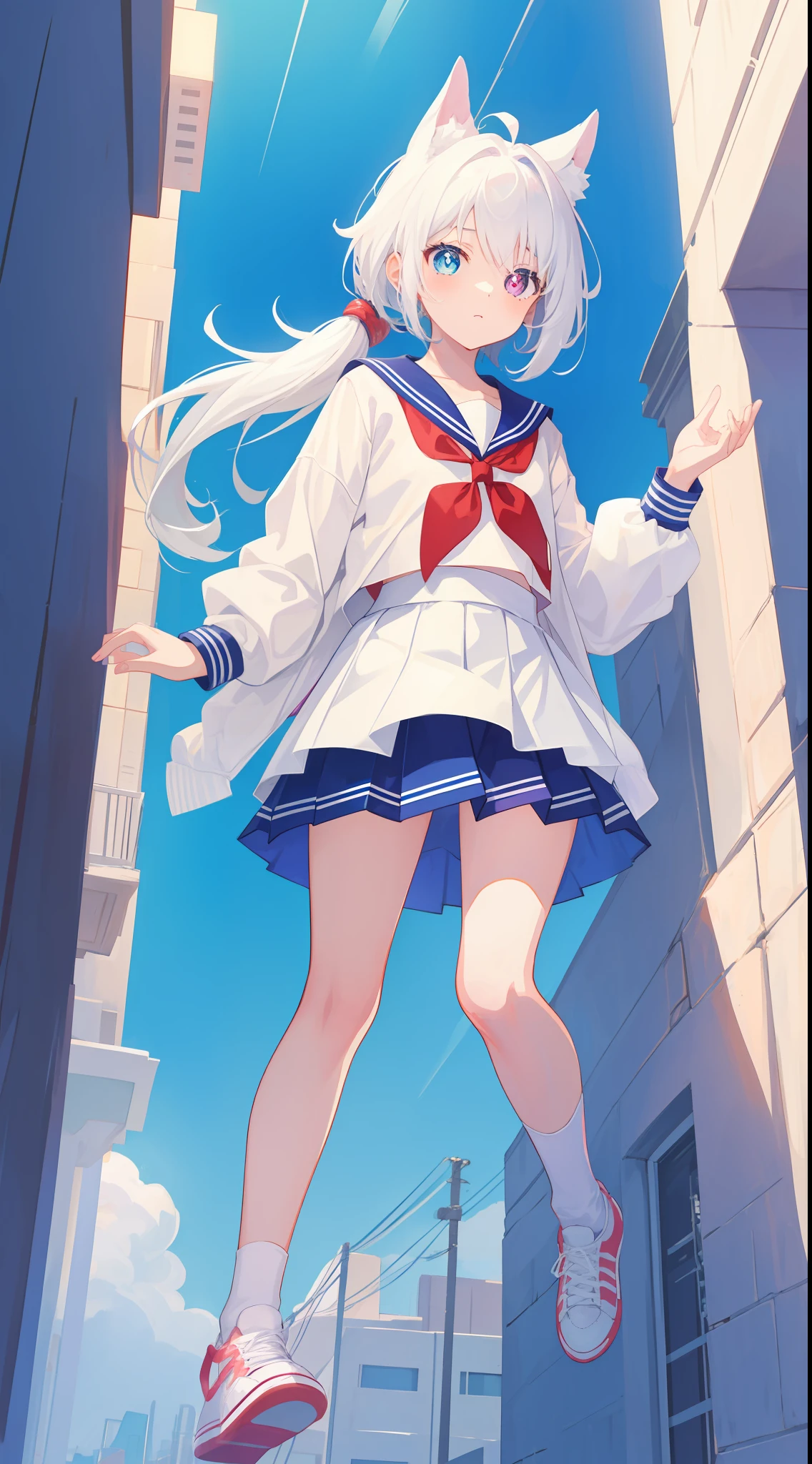 Anime characters with white hair and blue eyes, anime visual of a cute girl, Anime moe art style,Girl with short white hair, Shoujo white hair young anime girl, official character art,Heterochromic pupils，Wear high-top sneakers，Lift your feet to expose the soles of your feet，White sailor suit，Short pleated skirt，blue accents，red hairband，flatchest，Short ponytail hair，White high-top flats in hand，chiquita，fully body photo