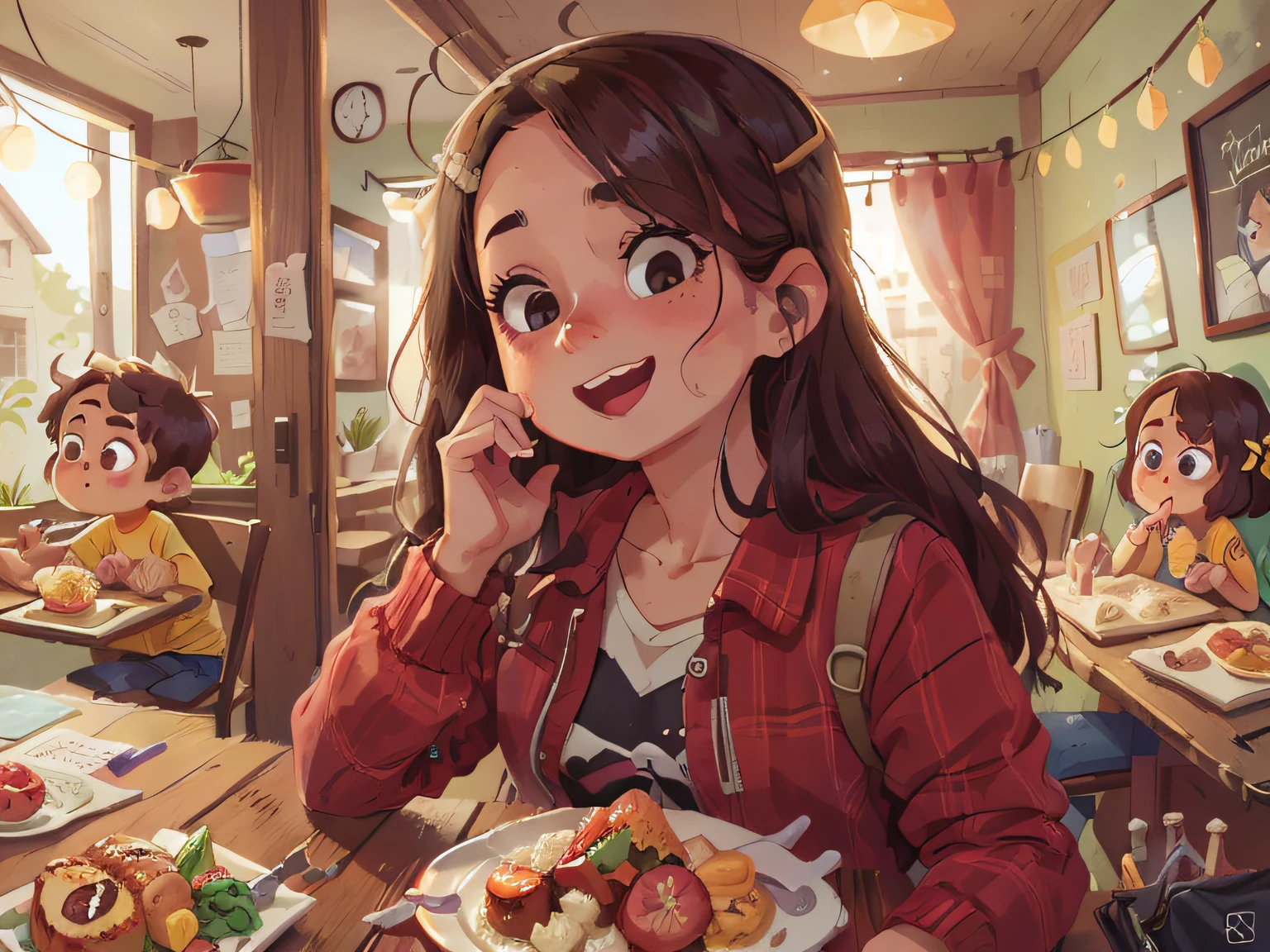 (SFW), A family of three, muita comida, fine facial features, restaurante gourmet, feliz, feliz, qualidade perfeita, foco claro (mess - house: 0.8), (obra-prima: 1.2) (Realista: 1.2) (Bokeh) (Melhor qualidade) (Pele detalhada: 1.3) (Detalhes intrincados) (8K) (Olhos de detalhe) (foco nítido), (Feliz)