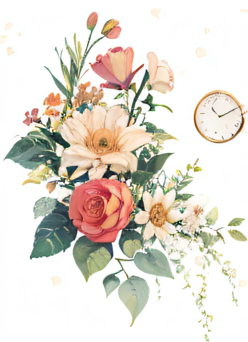 There is a clock with a flower design on it, watercolor illustration style, flores detalhadas, Detalhes florais, Em um Canva, flores e flores, com flores coloridas, feito de flores e folhas, estilo de pintura em aquarela, estilo aquarela, design floral, lindamente ilustrado, Aquarelas de alta qualidade, floral!, branco bg, flores com detalhes intrincados, com um fundo branco --auto
