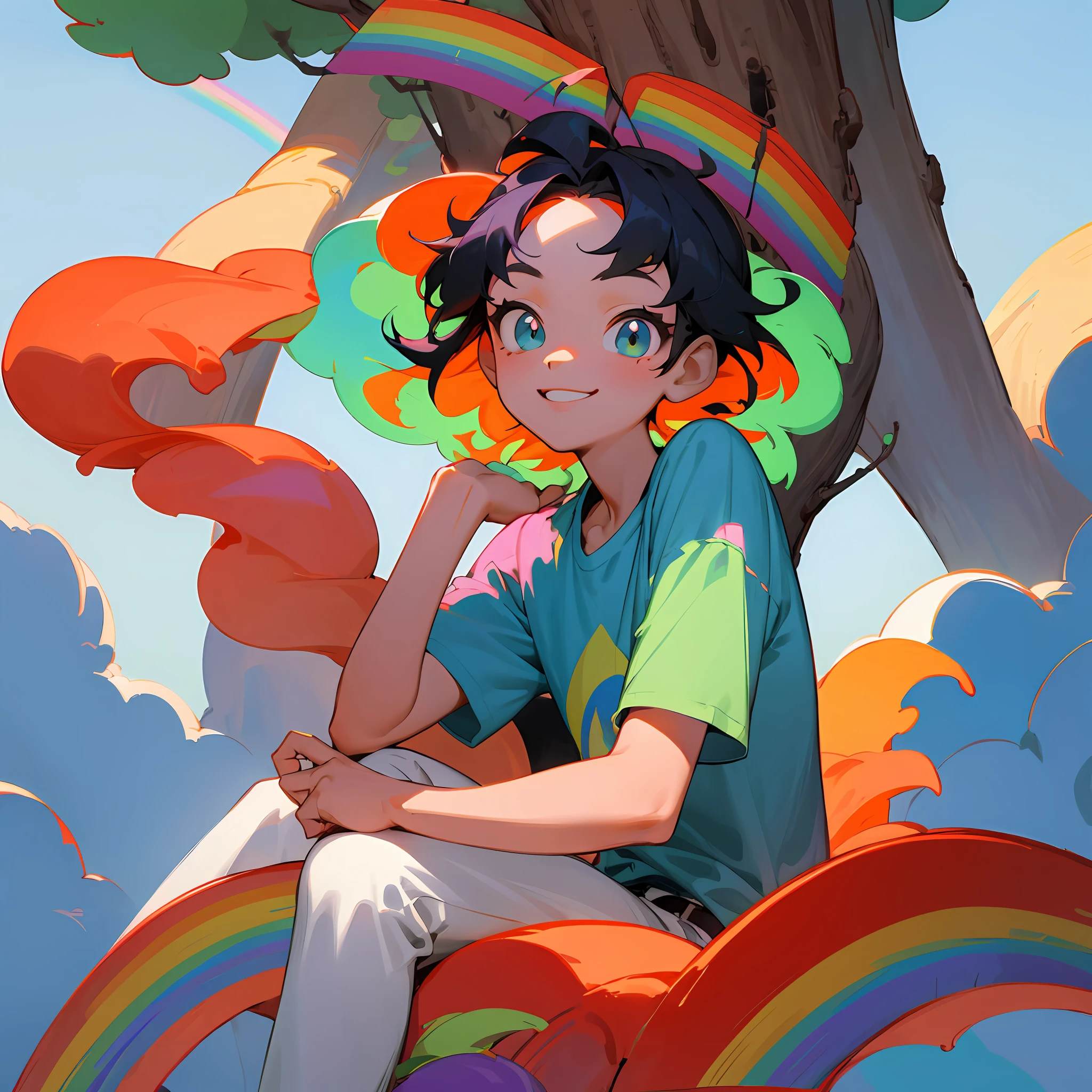 Asia face，A ********** sits on a rainbow in the sky，Colorful hair，cheerfulness，fantasy，rays of sunshine，tree shade，Extremely colorful，rainbowing，baiyun，with blue sky and white clouds，A rainbow fills the whole picture，Hand detail，Leg details，Red clothes，Seven colors of hair，tee shirt，Close-up rainbow