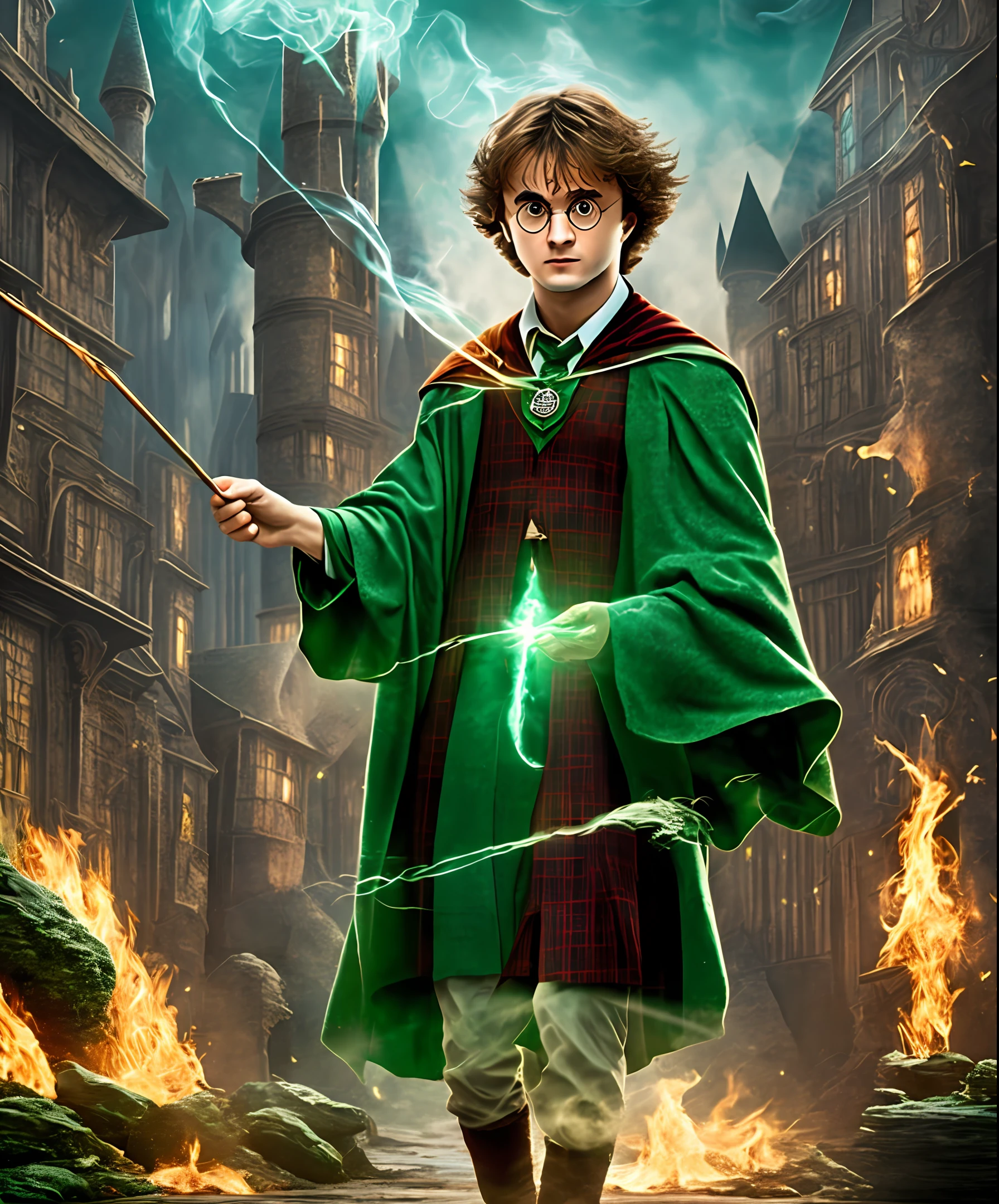 Minerva Harry Potter spell magic trading powers Castle Hogwarts 4K body full body powers green smoke magic wand spell avada kedavra witch psychedelic background silhouette smoke Green fire mirror circle short hair hair Minerva Harry Potter Slytherin Gryffindor Full body silhouette psychedelic mirror green 4K super detailed details super detailed details human real human --auto --s2
