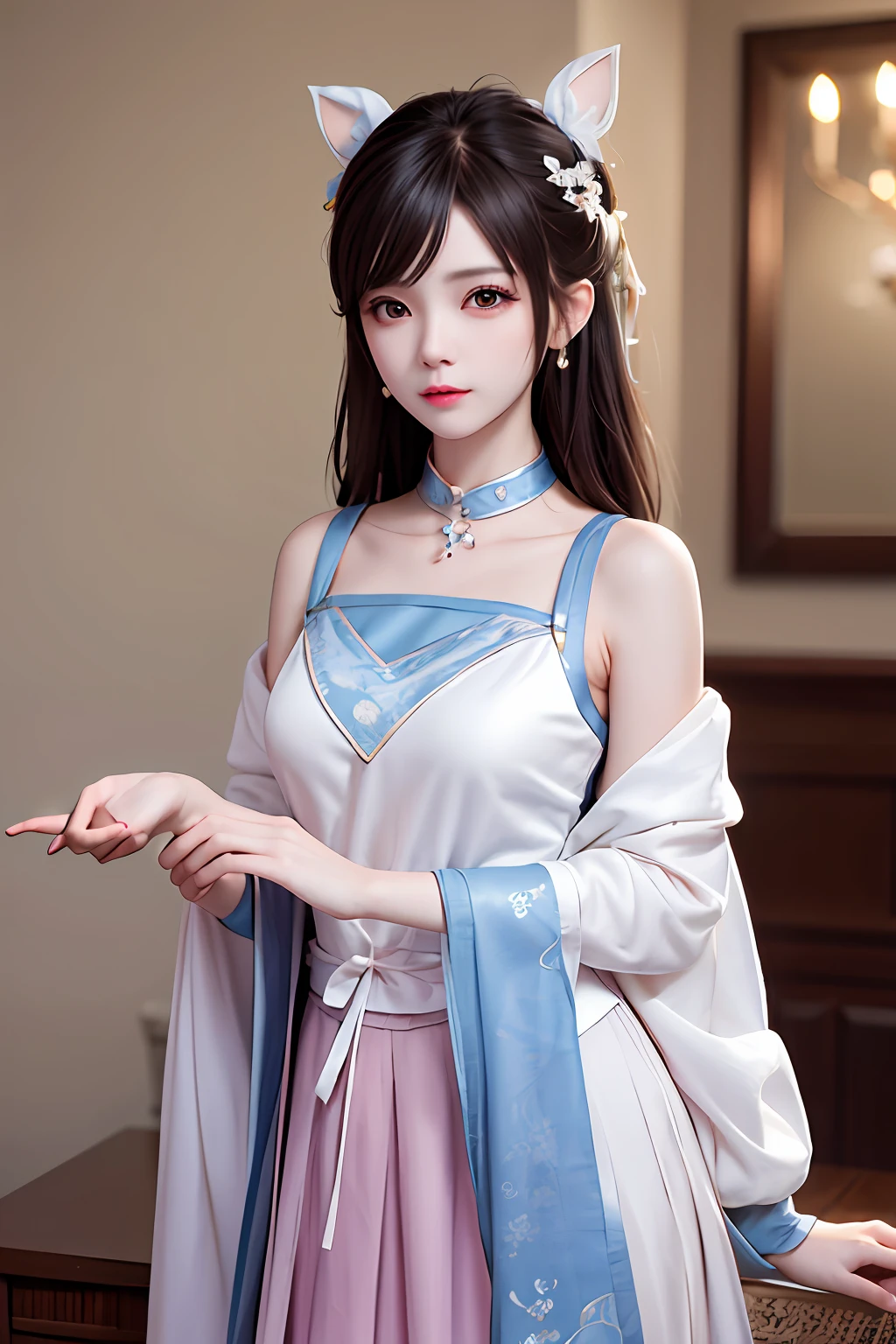 a pregirl,head gear,ear jewelry,choker necklace,Bracelet,long whitr hair,Hanfu,校服,Lolita prostitute,JK,a skirt,Different colors,stocklings,Delicatemakeup,Refined face,Smooth skin,Delicate skin,with fair skin,Fashionab,Raised sexy,babyfat,beautfully face,Pure desire,Beautiful,sweet,Seduce the lips,Original,Works of masters,tmasterpiece,Best image quality,HighestQuali,highest details,Clear details,超高分辨率,depth of fields,Cinematic lighting