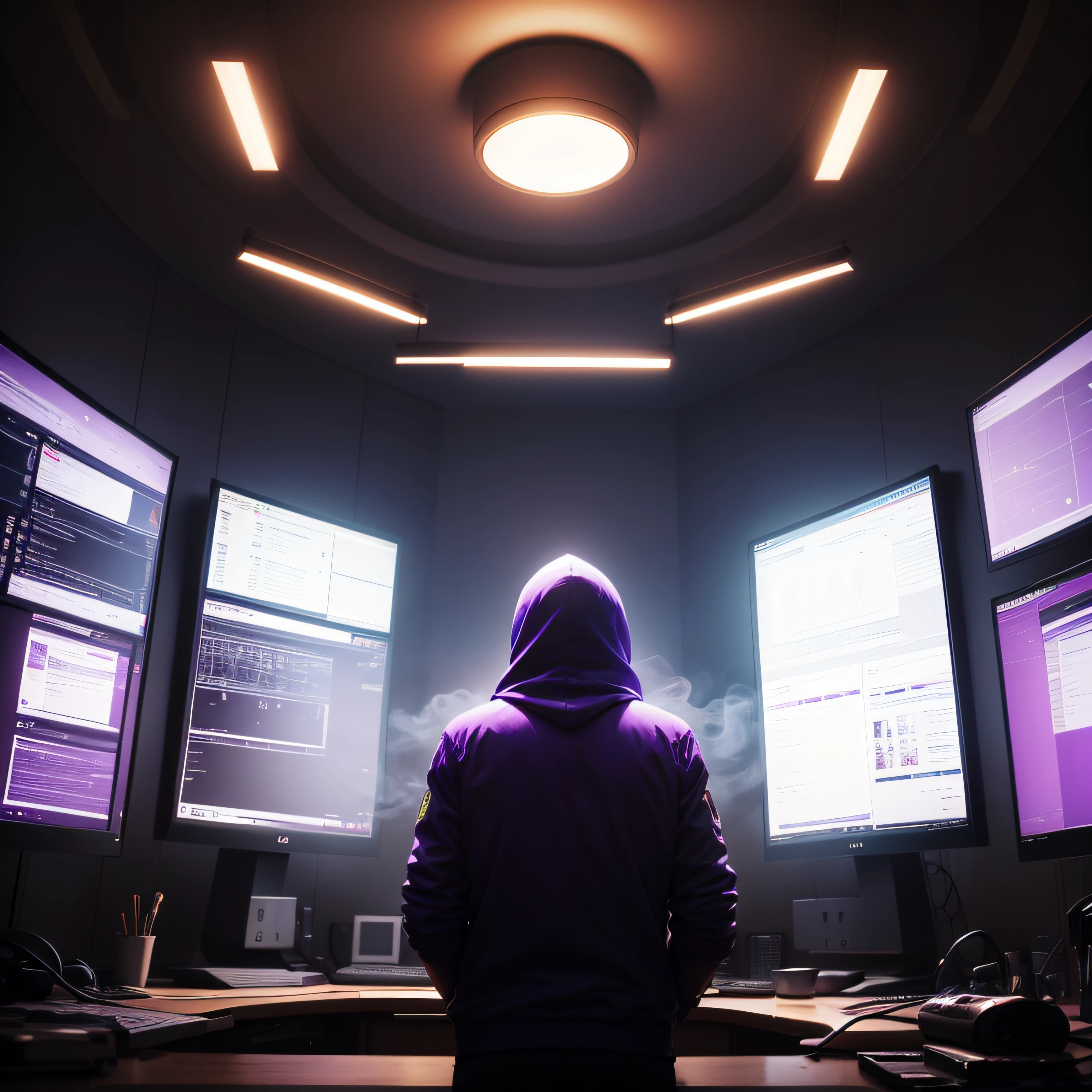 A dark room with low lighting in shades of purple and red, Packed with multiple monitors, criando uma atmosfera misteriosa. A man facing away from the camera, shrouded in mystery, fumando e profundamente focado nas telas