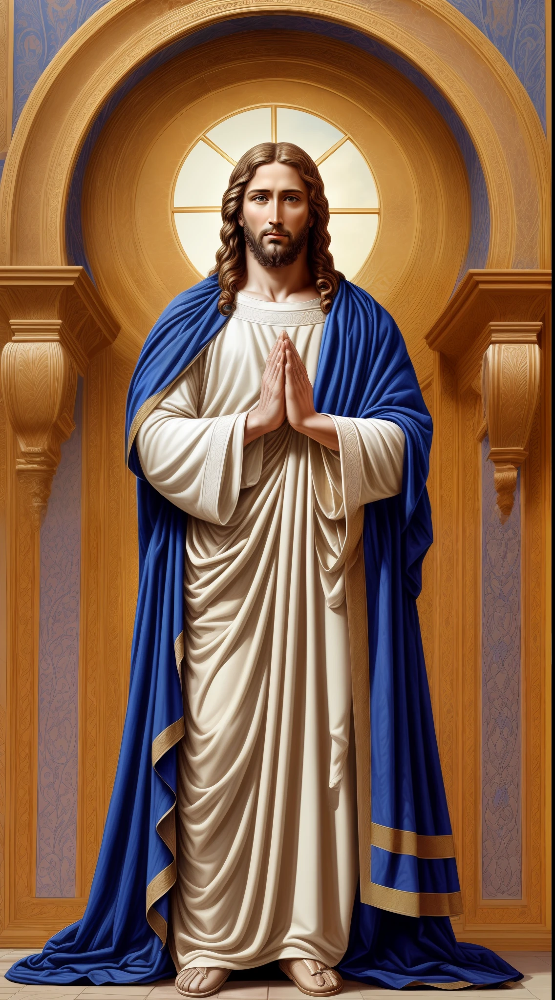 Portrait of a handsome Jesus , Jesus Christ, real blue eyes, sunny day, intricate details.real jesus lord, straight head face, Straight body.Prayer jesus, perfect full body