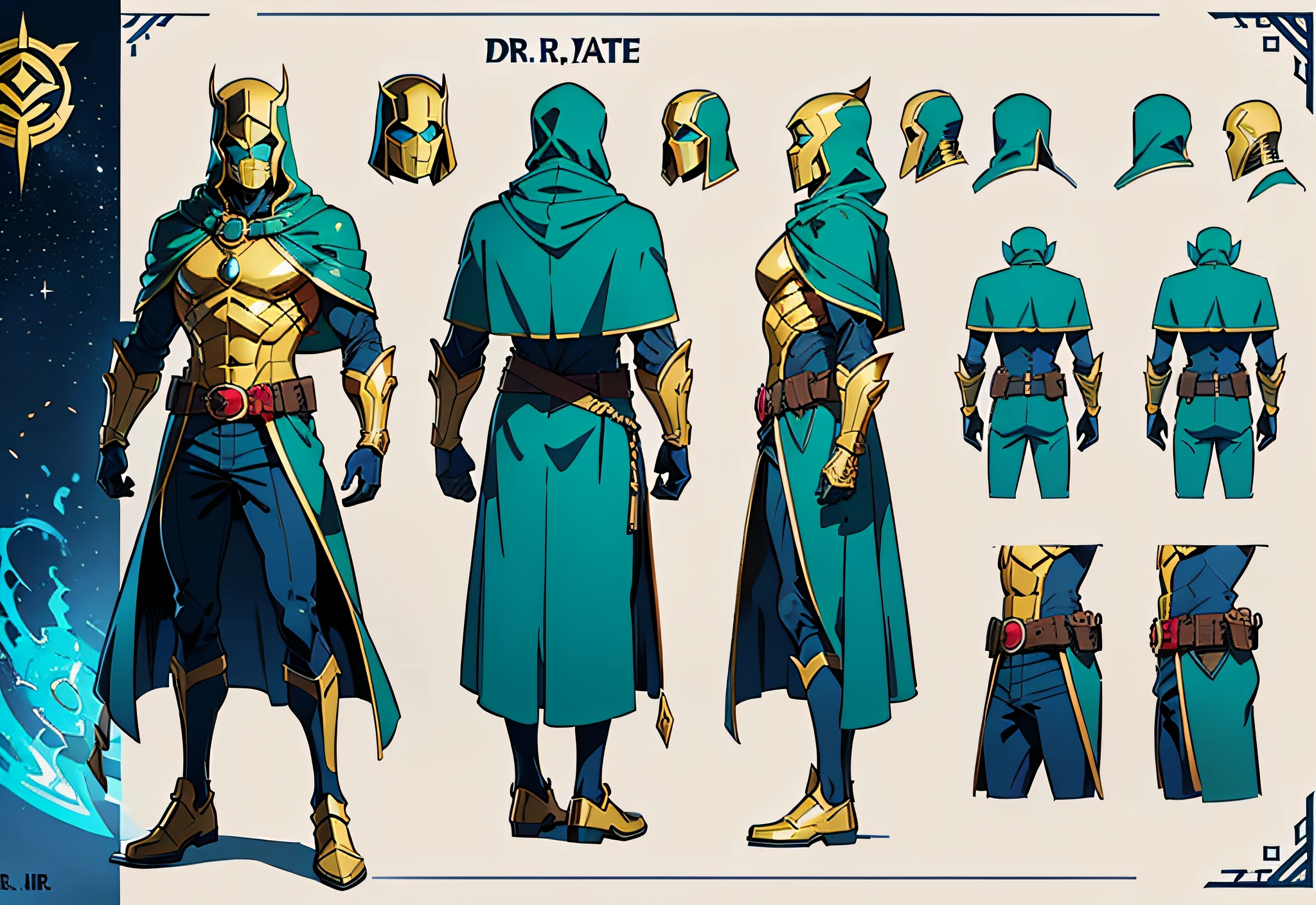 ((super detailed)),(((best quality))),(Character design sheet), ((same character front, side, back)) anime style. (1 character), DR. FATE+DOCTOR DOOM for a concept art sheet character, (strong body), (doctor doom mask, golden hood). fantasy: a golden cape with silver details,
Doctor doom costume, green part of the costume in blue, part of the silver armor in gold, with details and mix of dr. fate, a belt similar to that of dr. fate.
