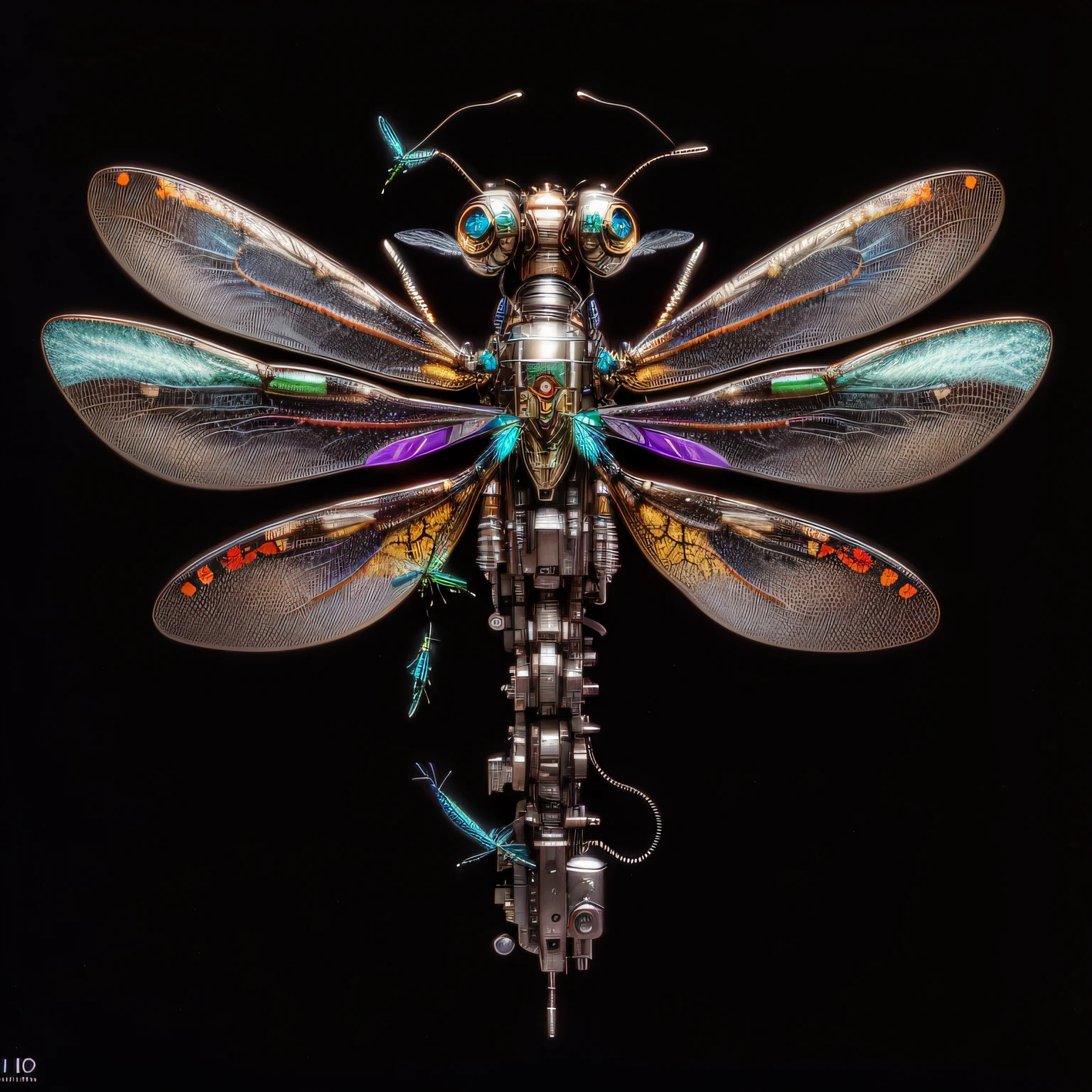 a close up of a dragonfly with many colored wings, dragonfly-like, dragonfly-shaped, steampunk insect, biopunk cyborg wasp, photo of a mechanical butterfly, highly detailed digital art, that looks like a dragonfly, full of insect robots, that has the form of a dragonfly, (((dragonfly))), insanely intricate, mechanical butterfly, luminescence,highly detailed