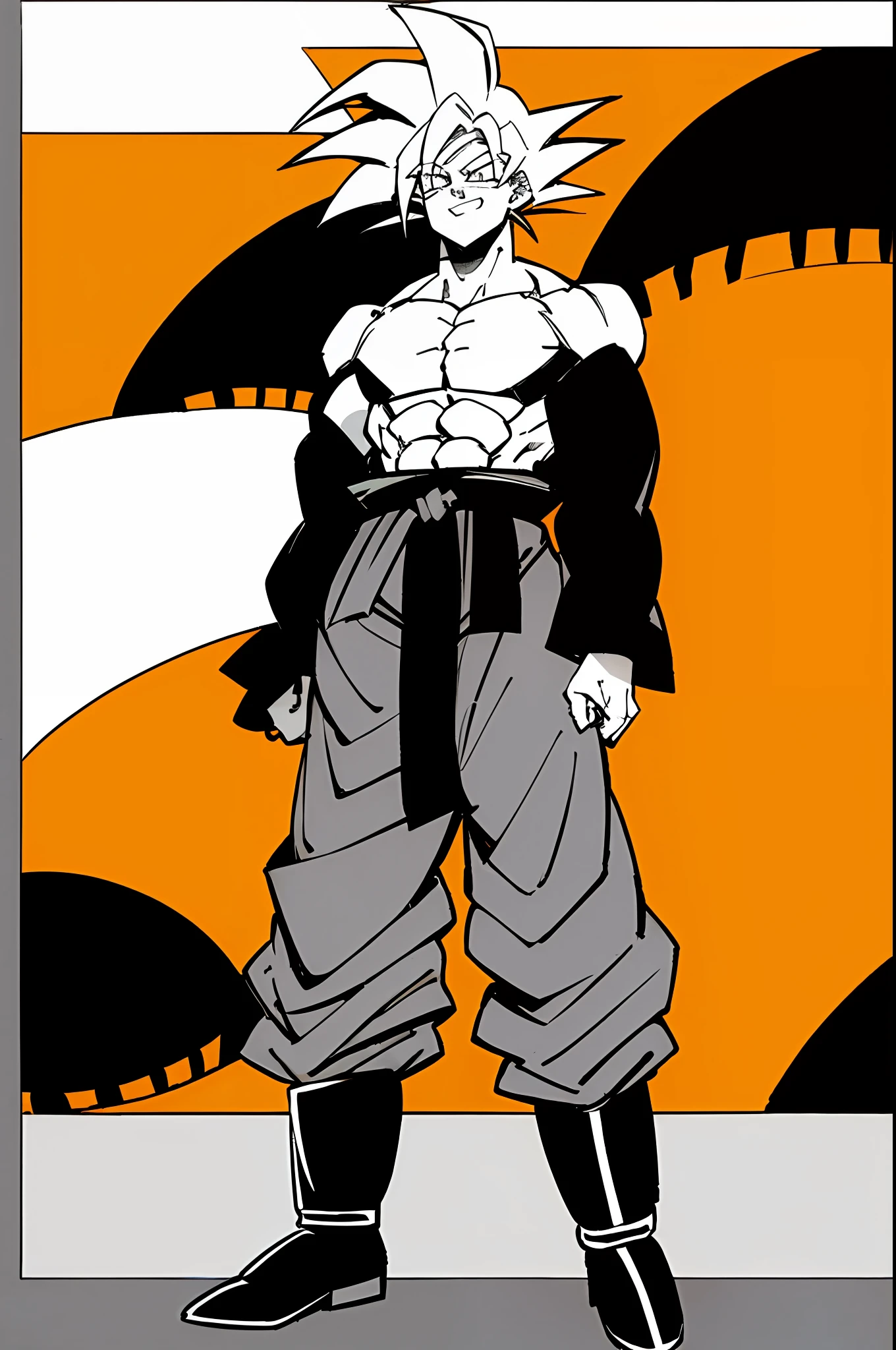 Son goku, Cabelo platinado, cabelo espetado, kimono pants laranja, musculoso, munhequeira preta, botas estilisada, foco masculino, faxa, camisa preta, punhos, cerrados, bravo, dentes cerrados, ((obra-prima))