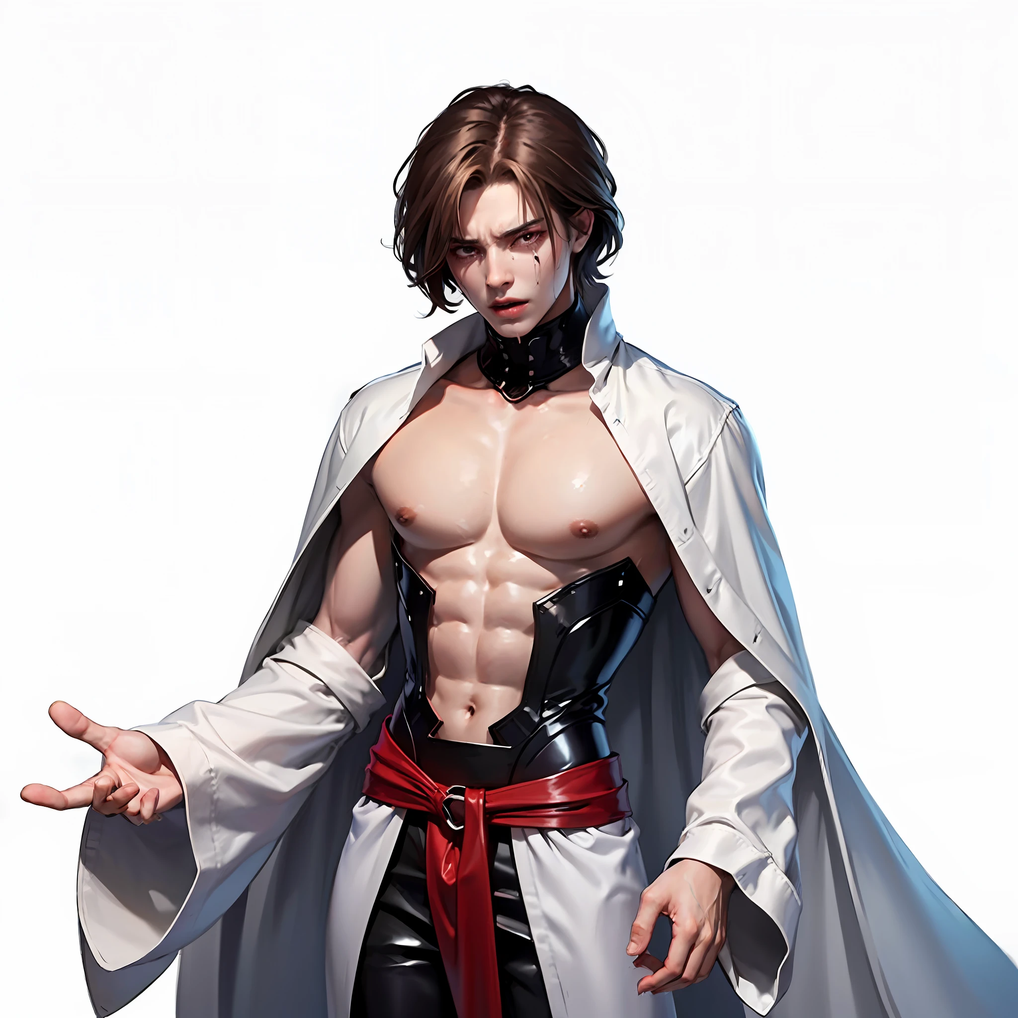 a male character white robe on a neutral background an extreme expression of anger with red eyes crying a red blood liquid, (brown hair), --auto --s2