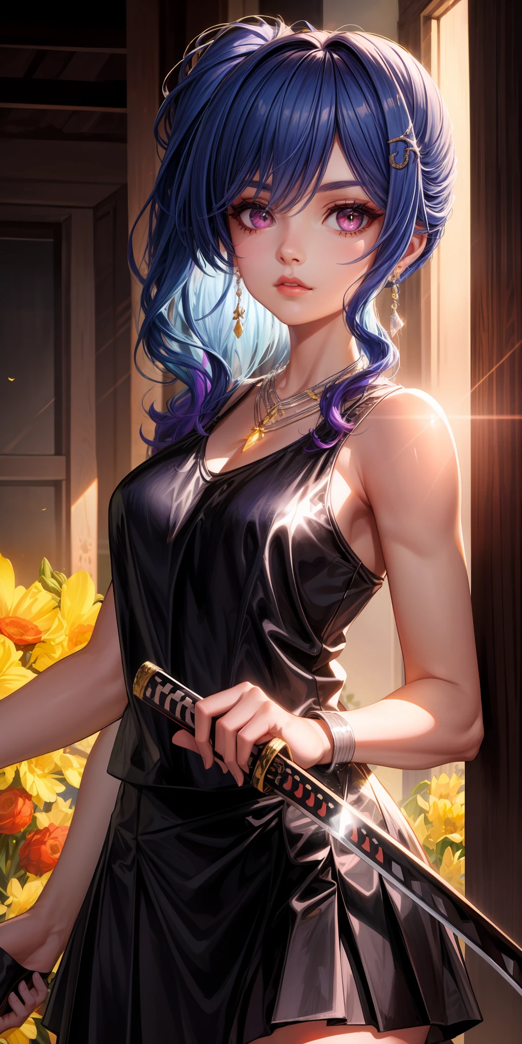 realisticlying,1girl,Blue hair,Purple eye,glowing light eyes,Cut the top,a skirt,parted lip,Be red in the face,the night,fresh flowers,suns,rays of sunshine,Take a katana