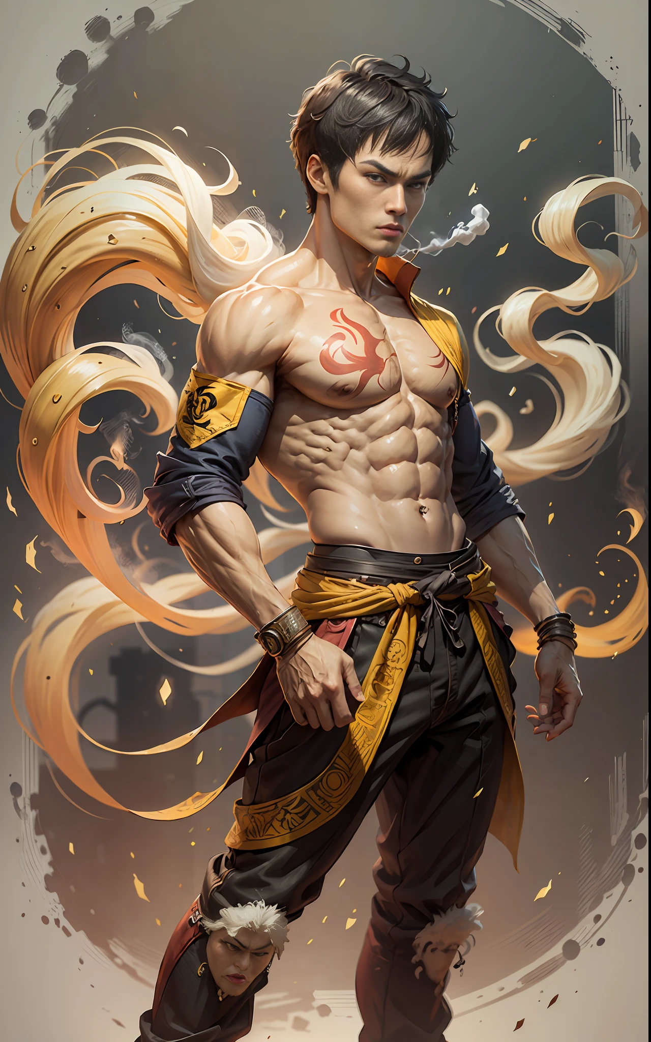 Dicas: foto de corpo inteiro, design de personagem do jogo, Bruce Lee jogos mortais, Bruce lee,Walking towards the camera, Hands in pockets, smoke billowing, olhos vazios, jaleco amarelo, personagem Hokuto Shinken, Kenjiro, luz lateral superior, rua deserta (distant view, profundidade de campo borrada), elevation perspective - AR 10:16 - Expression of style