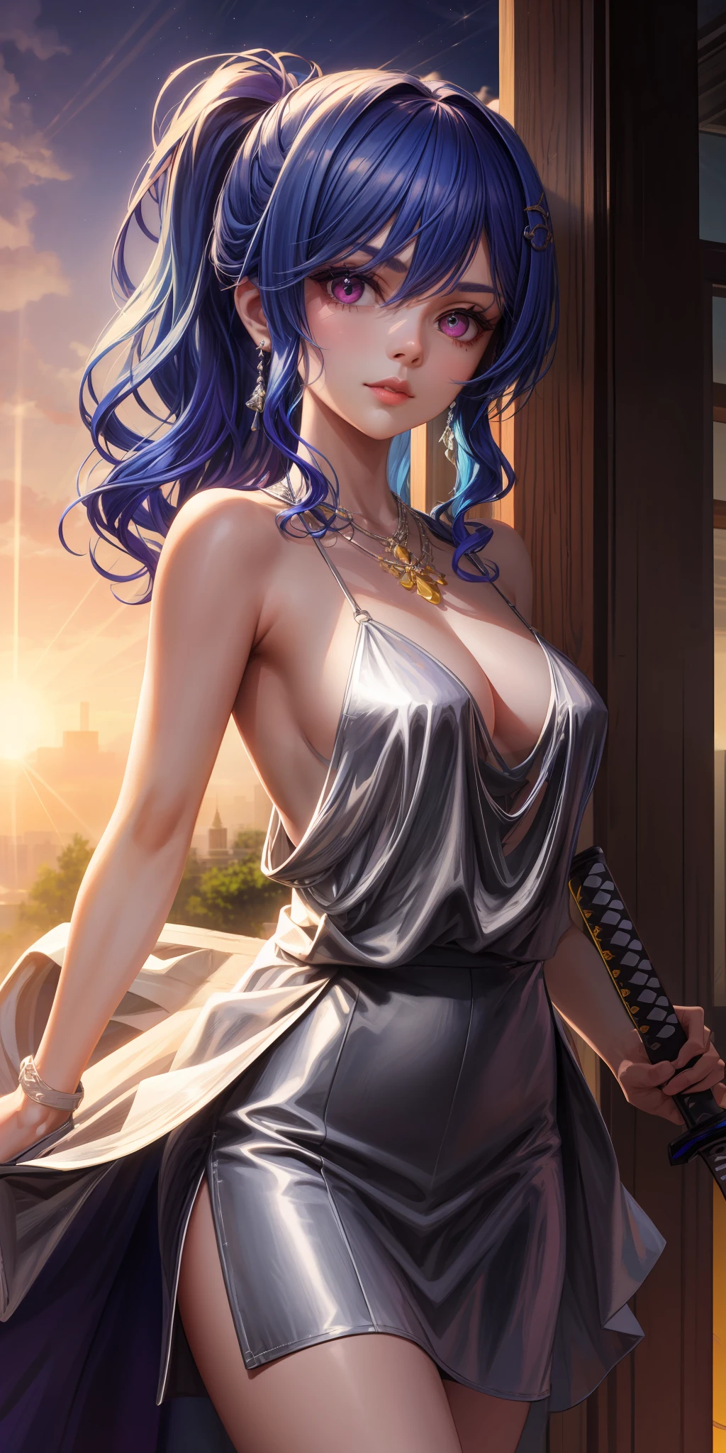 realisticlying,1girl,Blue hair,Purple eye,glowing light eyes,Cut the top,a skirt,parted lip,Be red in the face,the night,fresh flowers,suns,rays of sunshine,Take a katana