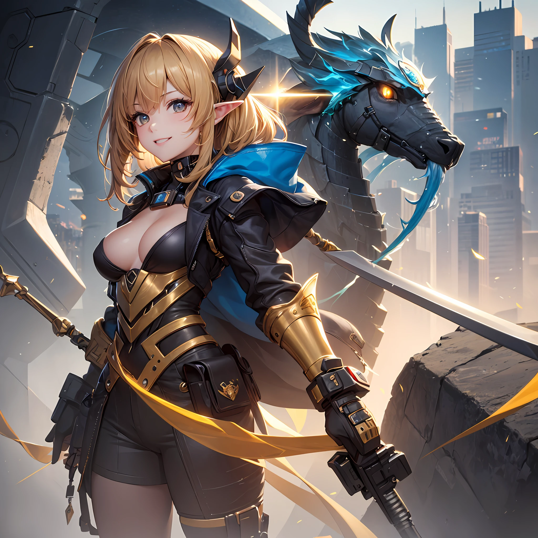 tmasterpiece, (best qualtiy), highly detailed, ultra - detailed, 1girll, (Machinary: golden colored, eyes with brightness: blue colors, Golden armor: 1.2, Elongated ears: 0.8), (cyber punk city: 1.5, arma: Blade of Energy), (Fantasy landscape: 1.2, natural soft light: 1.5, A confident expression), (in a panoramic view: 1.2), nipple tassels, ssmile, --auto