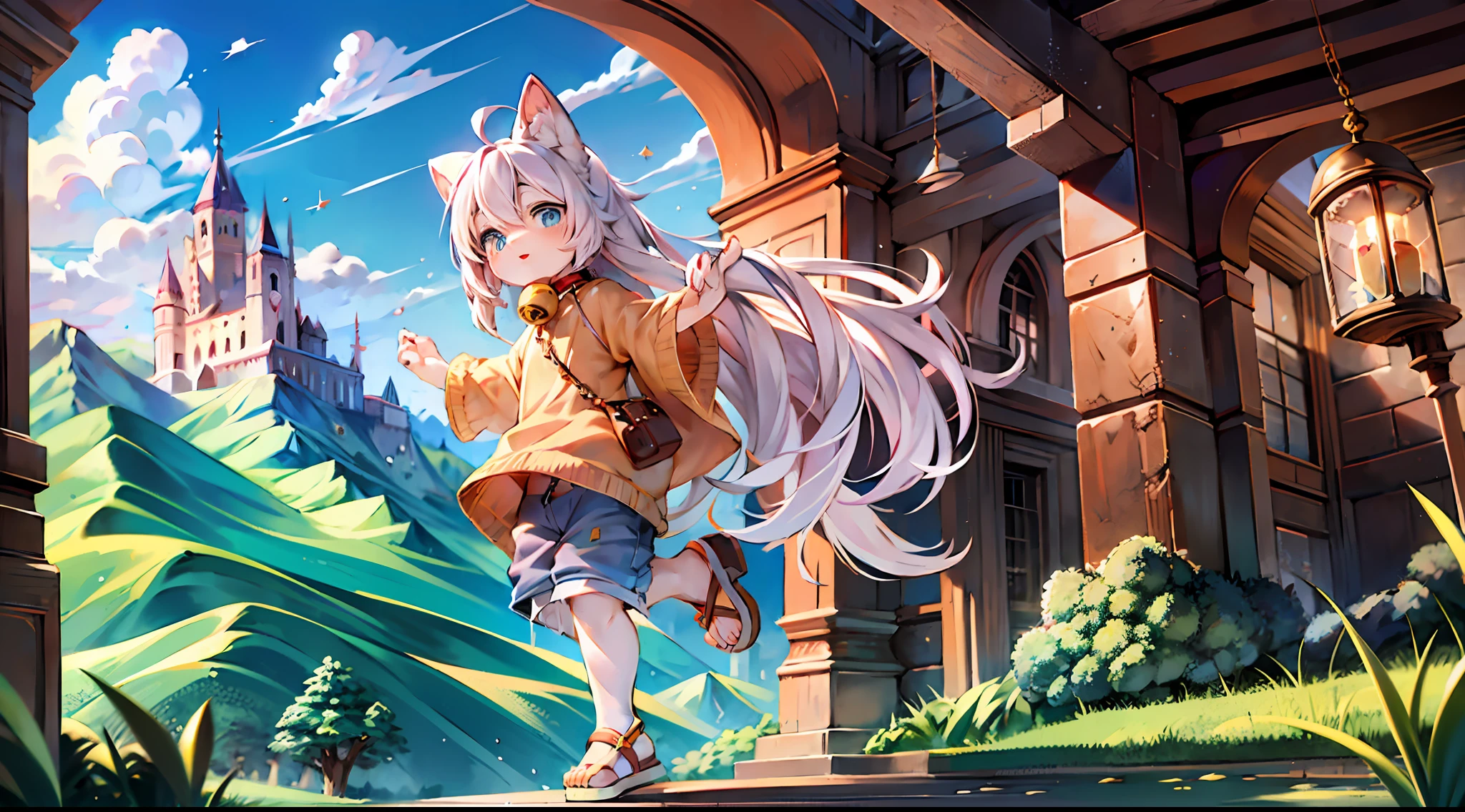 tmasterpiece,high high quality,Ridiculous resolution,digitial painting\(artwork of a\),by Dagasi,Yupa,Kiyosan,(Fluffy fur,White fur,The whole body is covered with fur,)。Libido boy,Shota,eBlue eyes,White hair,shorter pants,sandals,eyes with brightness,in a panoramic view,Character focus。detailedbackground,jumpping,exteriors,Castle in the sky,(bell,Pet collars,baggy clothes:1.2)