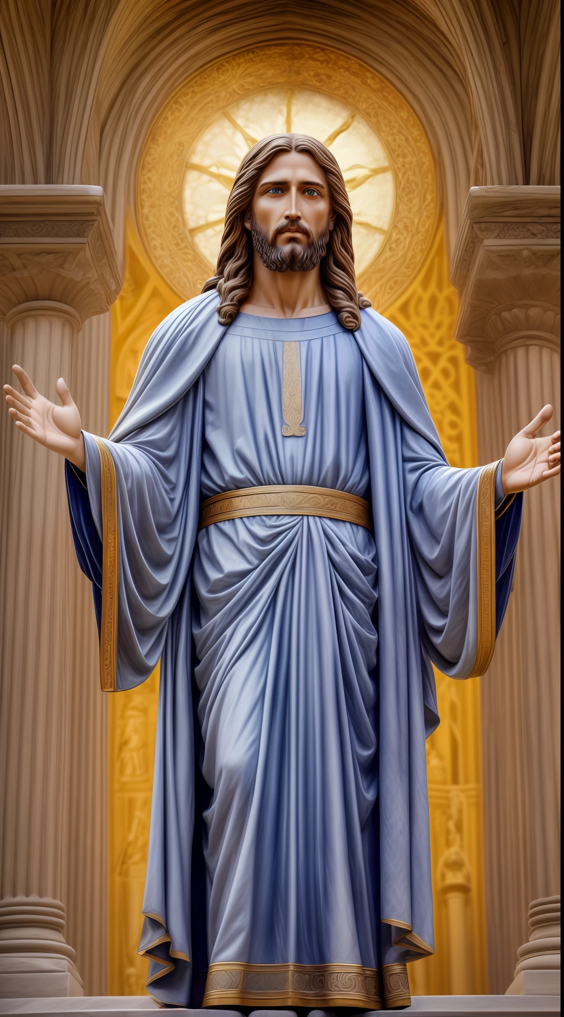 Portrait of a handsome Jesus , Jesus Christ, real blue eyes, sunny day, intricate details.real jesus lord, straight head face, Straight body.Prayer jesus, perfect full body