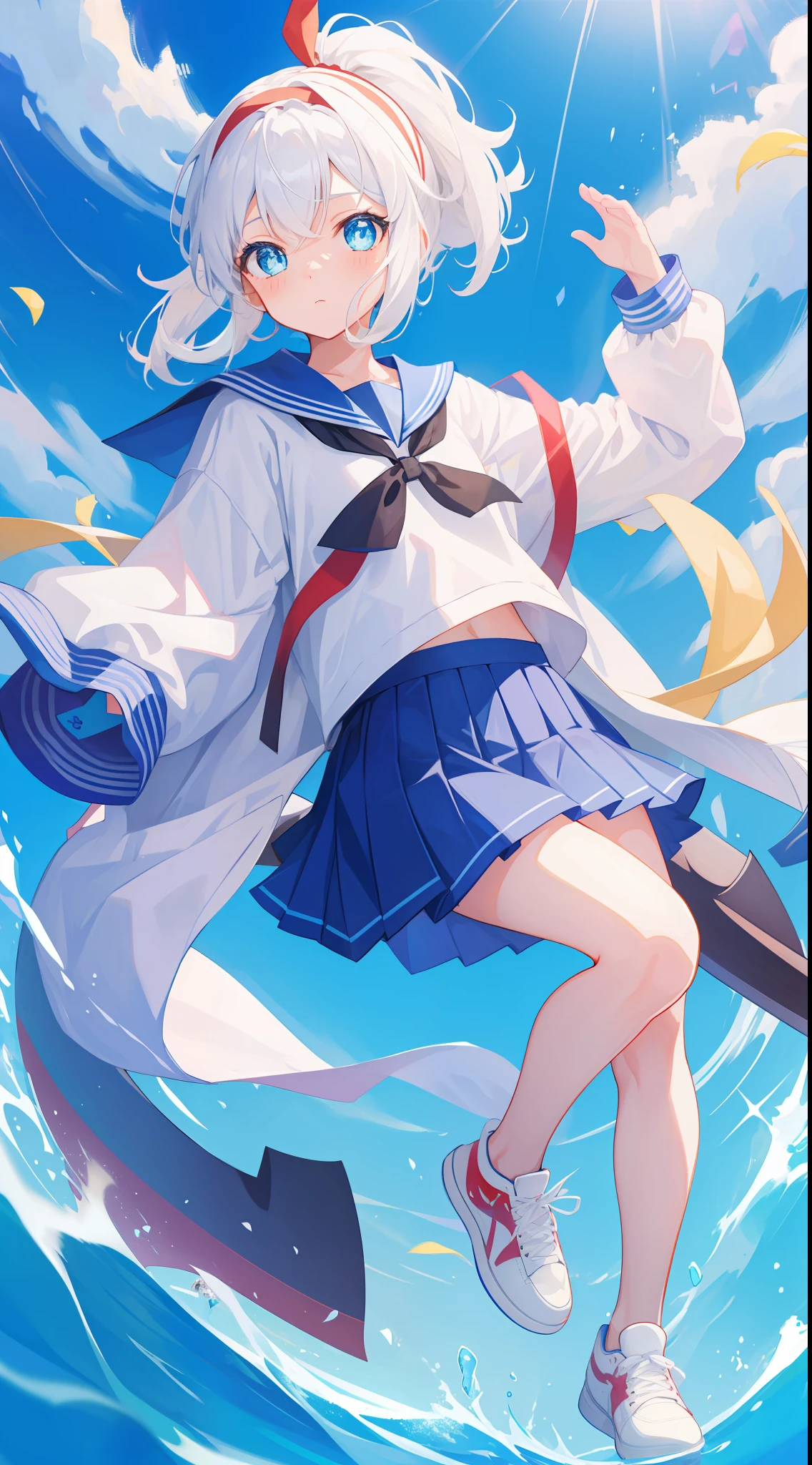 Anime characters with white hair and blue eyes, anime visual of a cute girl, Anime moe art style,Girl with short white hair, Shoujo white hair young anime girl, official character art,Heterochromic pupils,Wear high-top sneakers,Raise your feet high to expose all soles,White sailor suit,Short pleated skirt,blue accents,red hairband,flatchest,Short ponytail hair,White high-top flats in hand,chiquita,fully body photo