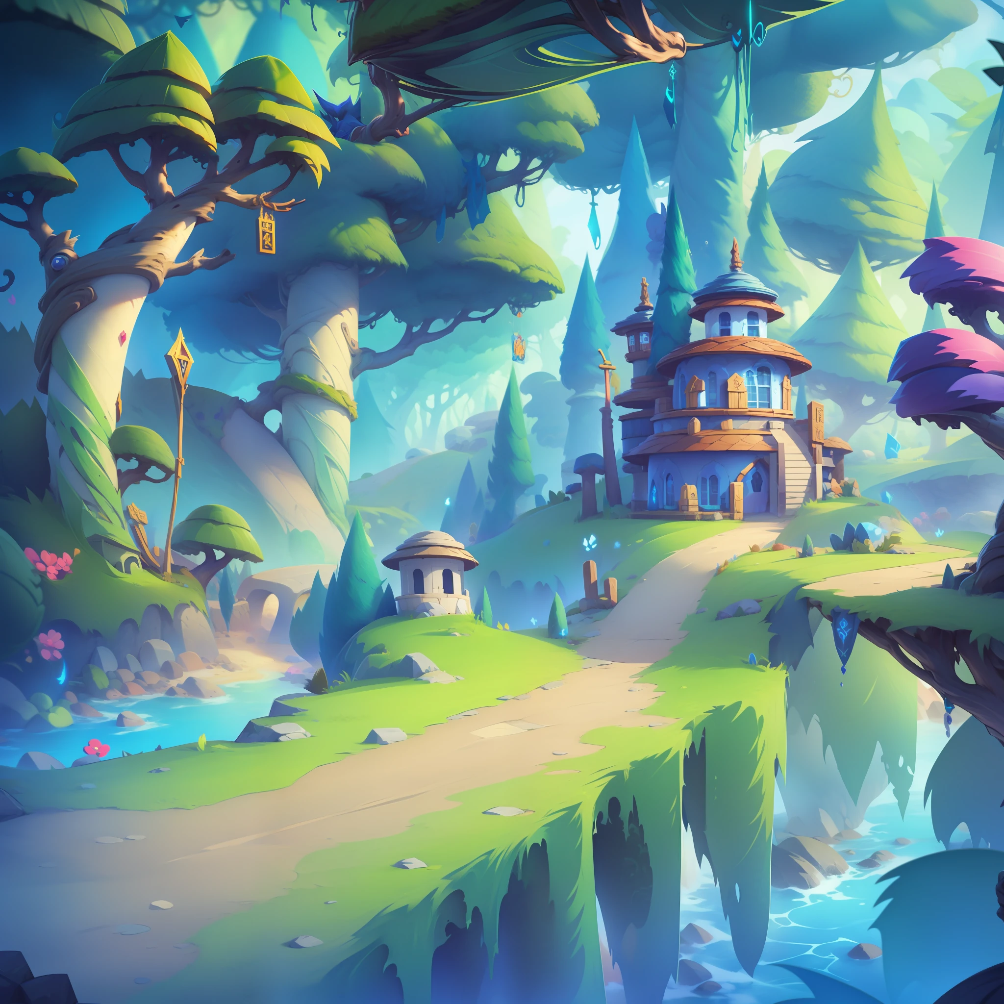 Mini World，Cartoon game scenes，fantasy，The theme of the forest、buliding，angle of depression，gameicon，tmasterpiece，Epic composition，Incredible design，best qualtiy，超高分辨率，3Drenderingof，8K