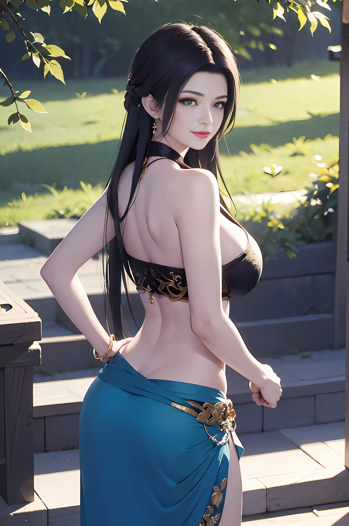 1girl, outdoors, black hair, blue eyes, breasts, eyewear on head, from side, hair slicked back, hands on own hips, large breasts, long hair, long skirt, looking back, narrow waist, sarong, smile, solo, standing, sunglasses, floral pattern on sarong, ((masterpiece)), detailed faces and eyes, daylight, shiny skin,