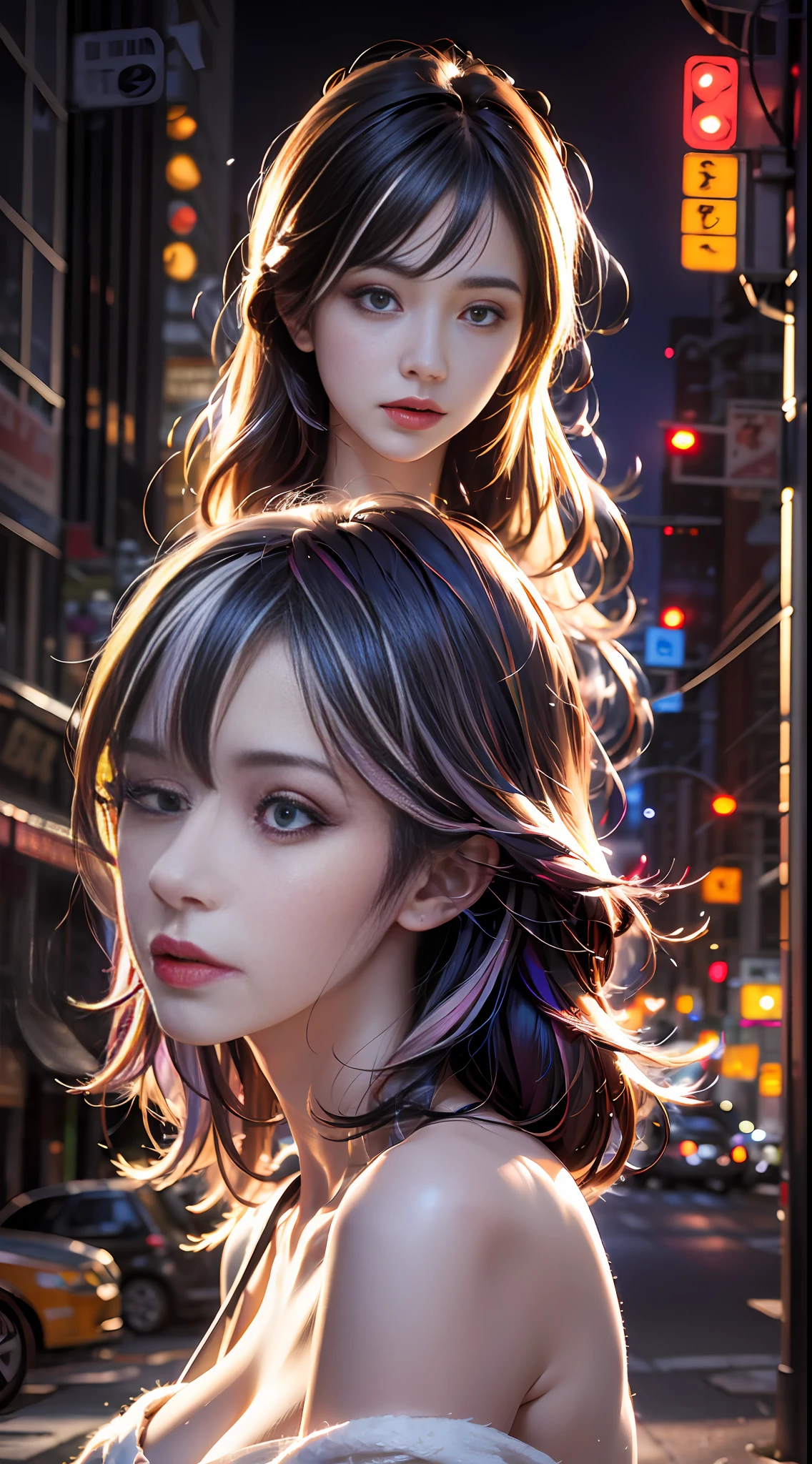(masterpiece, high quality, highres,illustration), 1girl, galaxy multicolored hair in New york city at night with orange fog, cybercity,