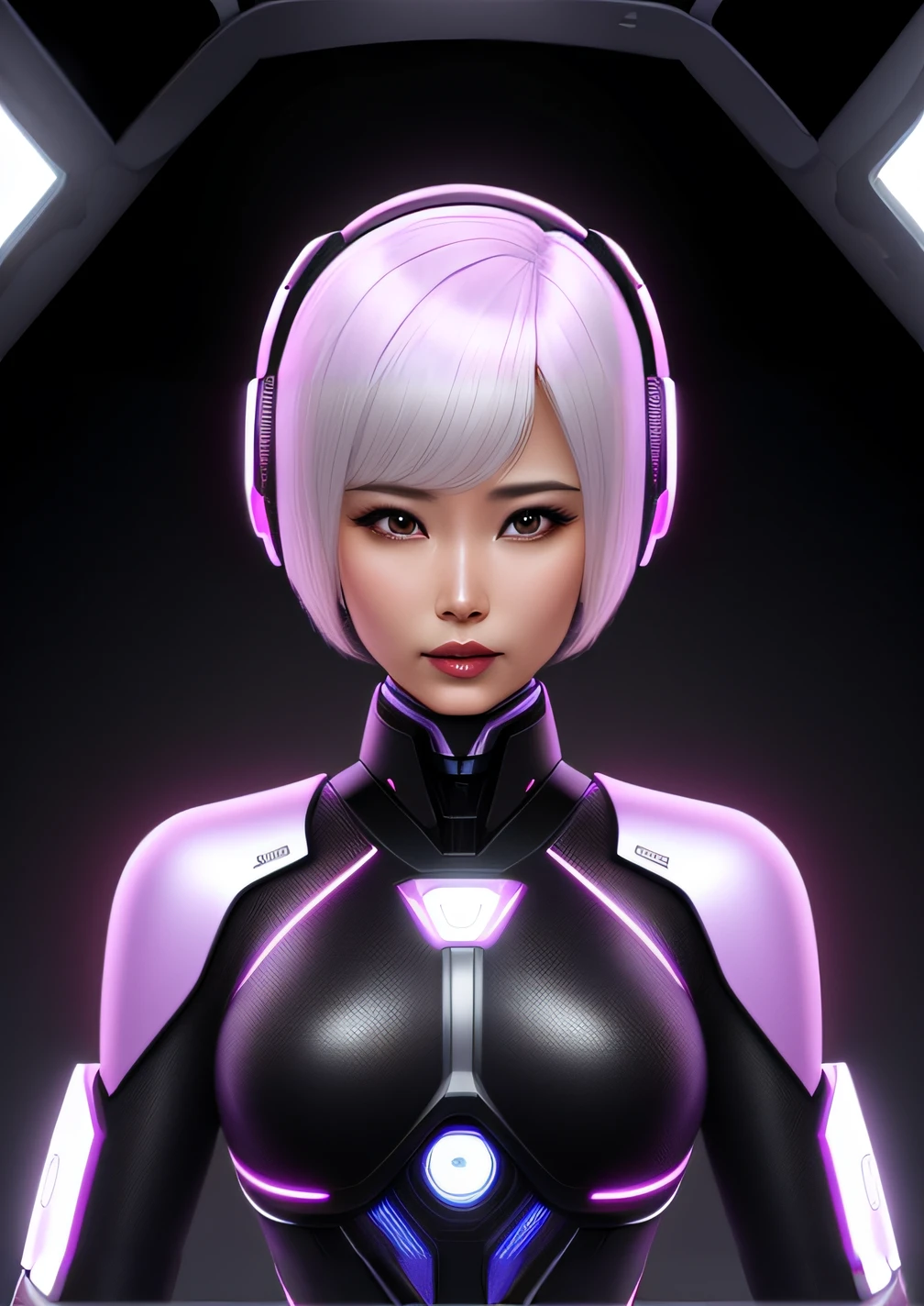 a close up of a woman in a futuristic suit with headphones, beautiful female android, cute cyborg girl, 3 d render character art 8 k, perfect android girl, beautiful female android!, beautiful android woman, portrait beautiful sci - fi girl, sci fi female character, cyborg - girl with silver hair, portrait anime space cadet girl, glowwave girl portrait, retrofuturistic female android