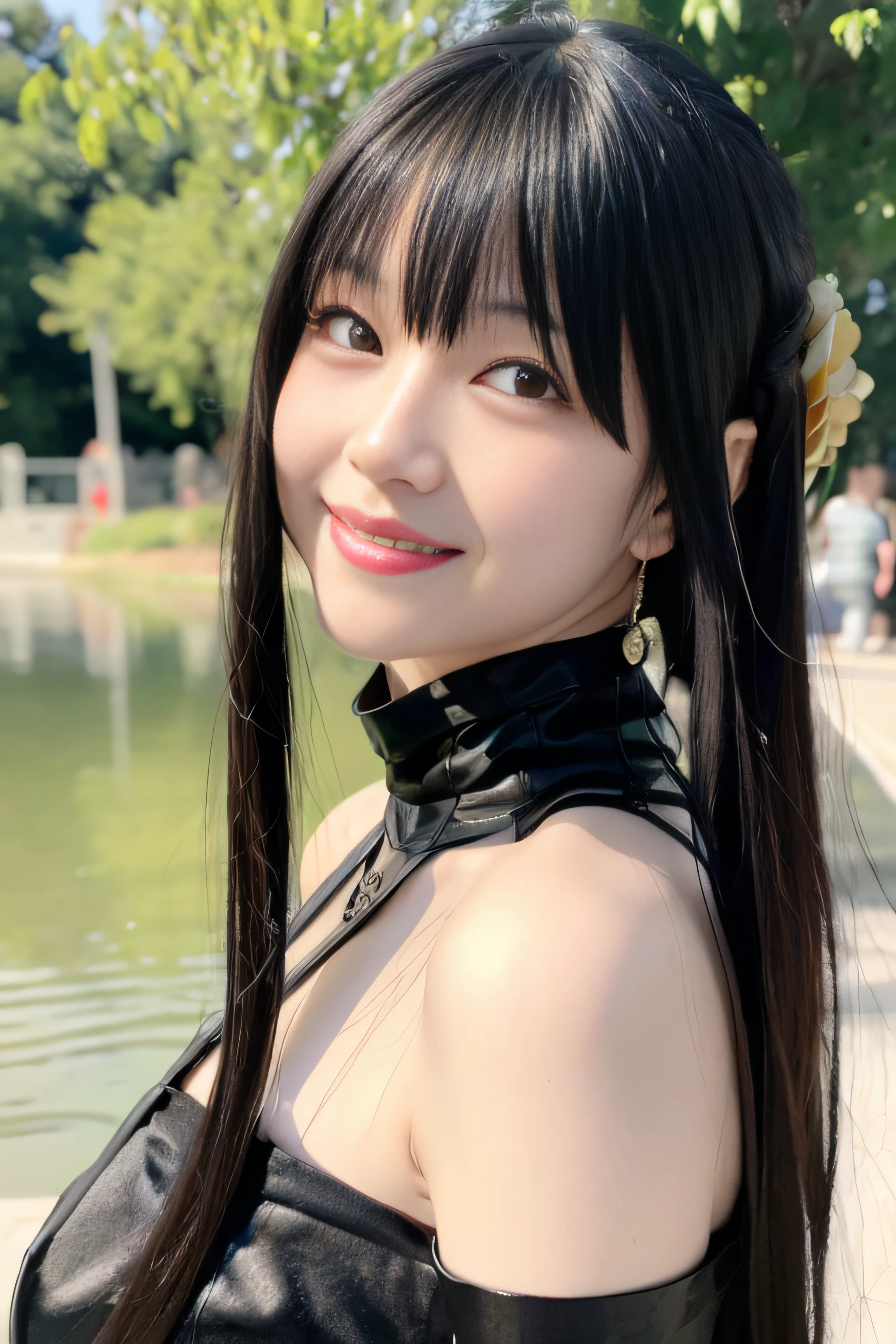 (8k, best quality, masterpiece:1.2), (realistic, photo-realistic:1.37), ultra-detailed, (1girl:1.6),cute,beautiful detailed sky,(outdoors:1.4),daytime, standing,dating,(nose blush),(smile:1.15),(closed mouth:1.2), Large breasts,beautiful detailed eyes, wet,rain, (long hair:1.2),floating hair NovaFrogStyle, looking at viewer, facing viewer, full body,yor briar,