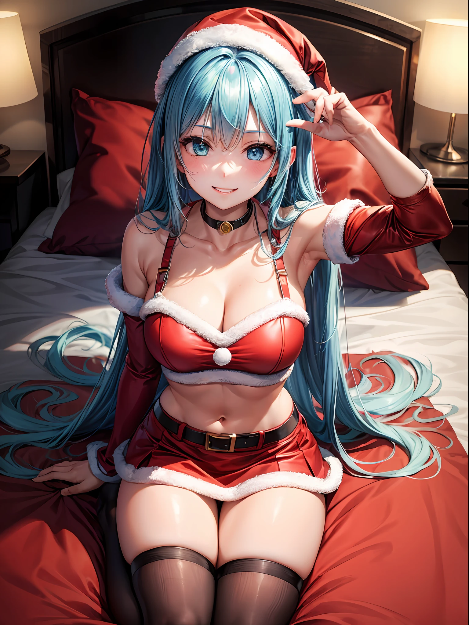 beste-Qualit、1girl in,Light blue hair、Longhaire、Blue eyes、a smile、Santa Claus Cosplay:1.4、Red sleeves、hugetits:1.1,Navel、Constriction、Red miniskirt、Black belt、Red tights、thighs thighs thighs thighs、View here、Dim lighting、natta、hotels room、Sit on the bed、Put your hands on your knees:1.5、Angle from diagonally above、Background blur