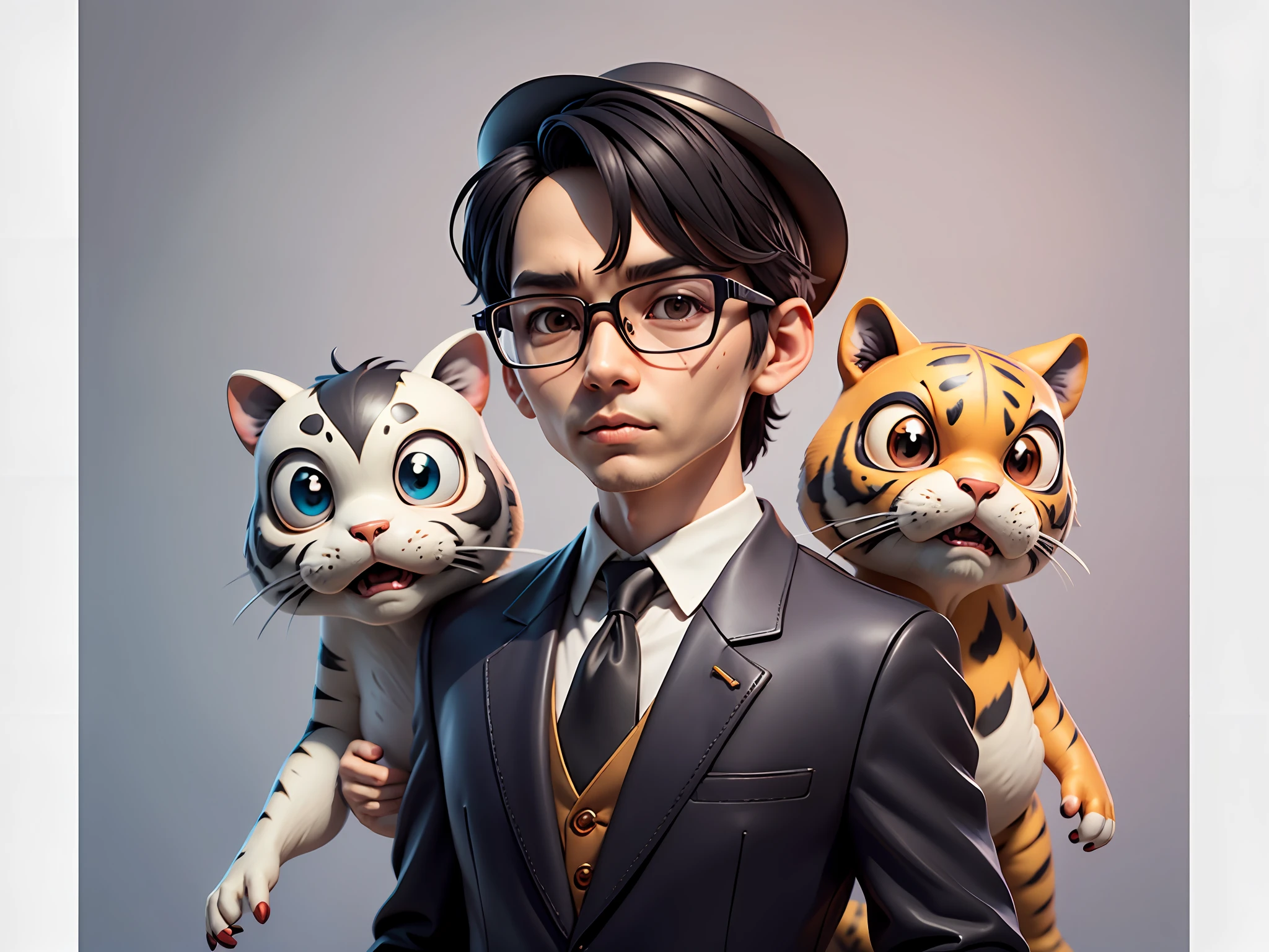 Young man with oriental face in leather hat, tiger, oriental face in formal suit, short black hair, silver glasses, digital painting, 3D character design by Mark Clairedon and Pixar and Hayao Miyazaki and Akira Toriyama, the illustration is a high-definition illustration in 4K resolution with very detailed facial features and cartoon-style visuals.