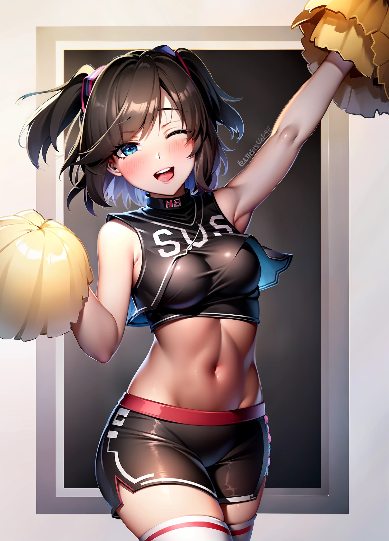de cabelos rosas, natsuki, doki doki literature club, umbigo a mostra, short vermelho, cheerleader pompom, sorrindo, com um fundo de um campo de futebol