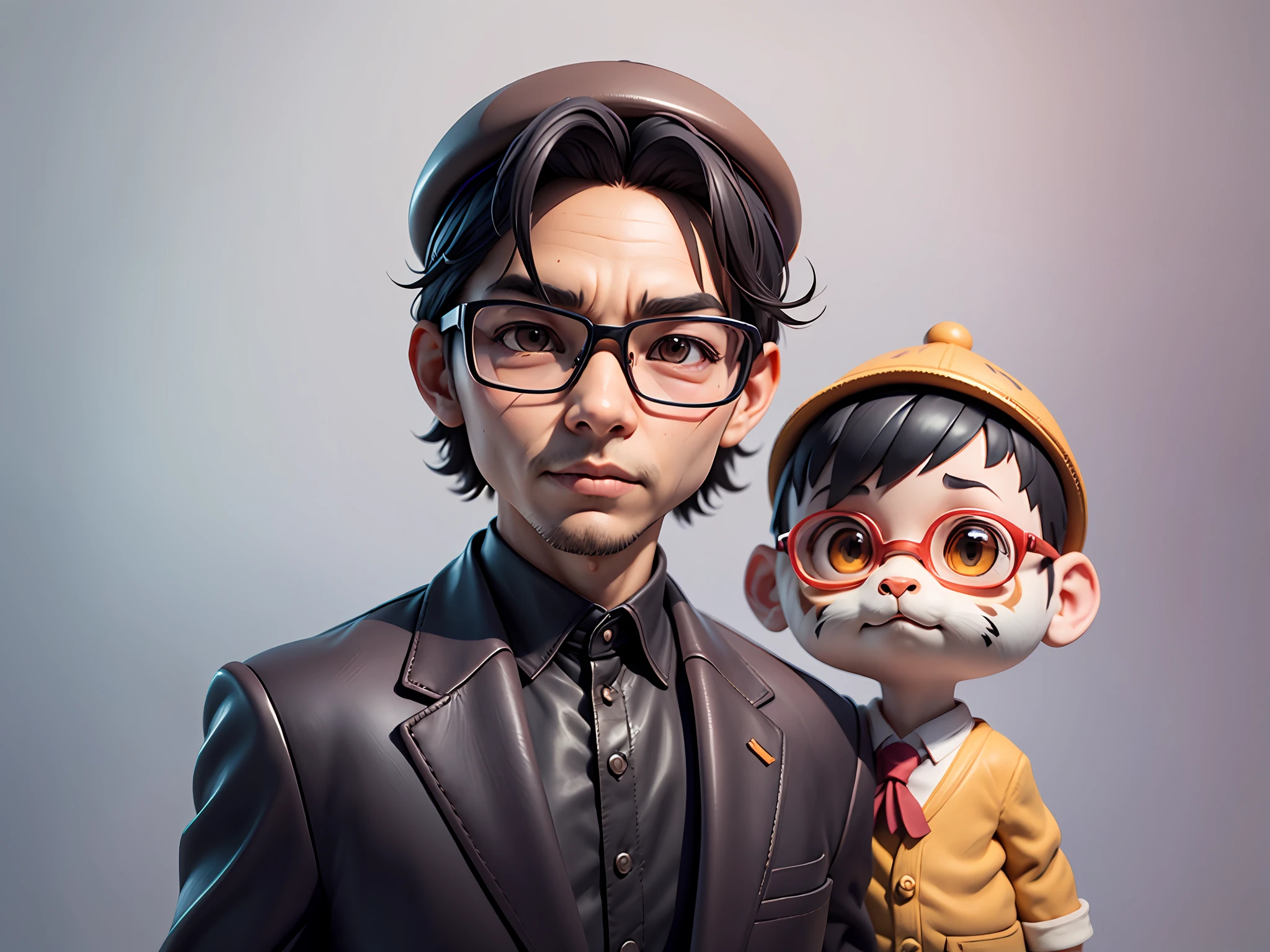 Young man with oriental face in leather hat, tiger, oriental face in formal suit, short black hair, silver glasses, digital painting, 3D character design by Mark Clairedon and Pixar and Hayao Miyazaki and Akira Toriyama, the illustration is a high-definition illustration in 4K resolution with very detailed facial features and cartoon-style visuals.