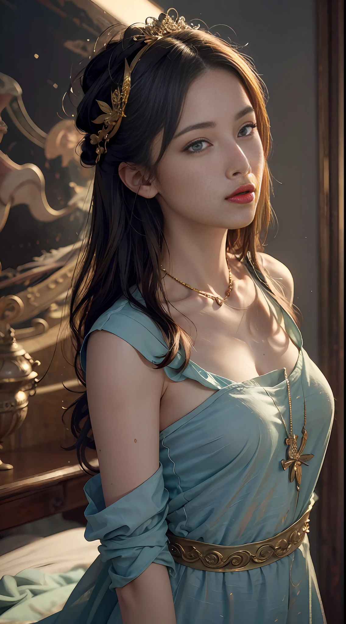 (RAW photo, best quality), (realistic, photo-realistic:1.3),best quality,highly detailed,masterpiece,ultra-detailed,illustration,1girl,upper_body,dynamic angle,world masterpiece theater,messy_long_hair,best quality,extremely detailed CG unity 8k wallpaper,ink,Amazing,cinematic lighting,lens_flare,,dunhuang_style