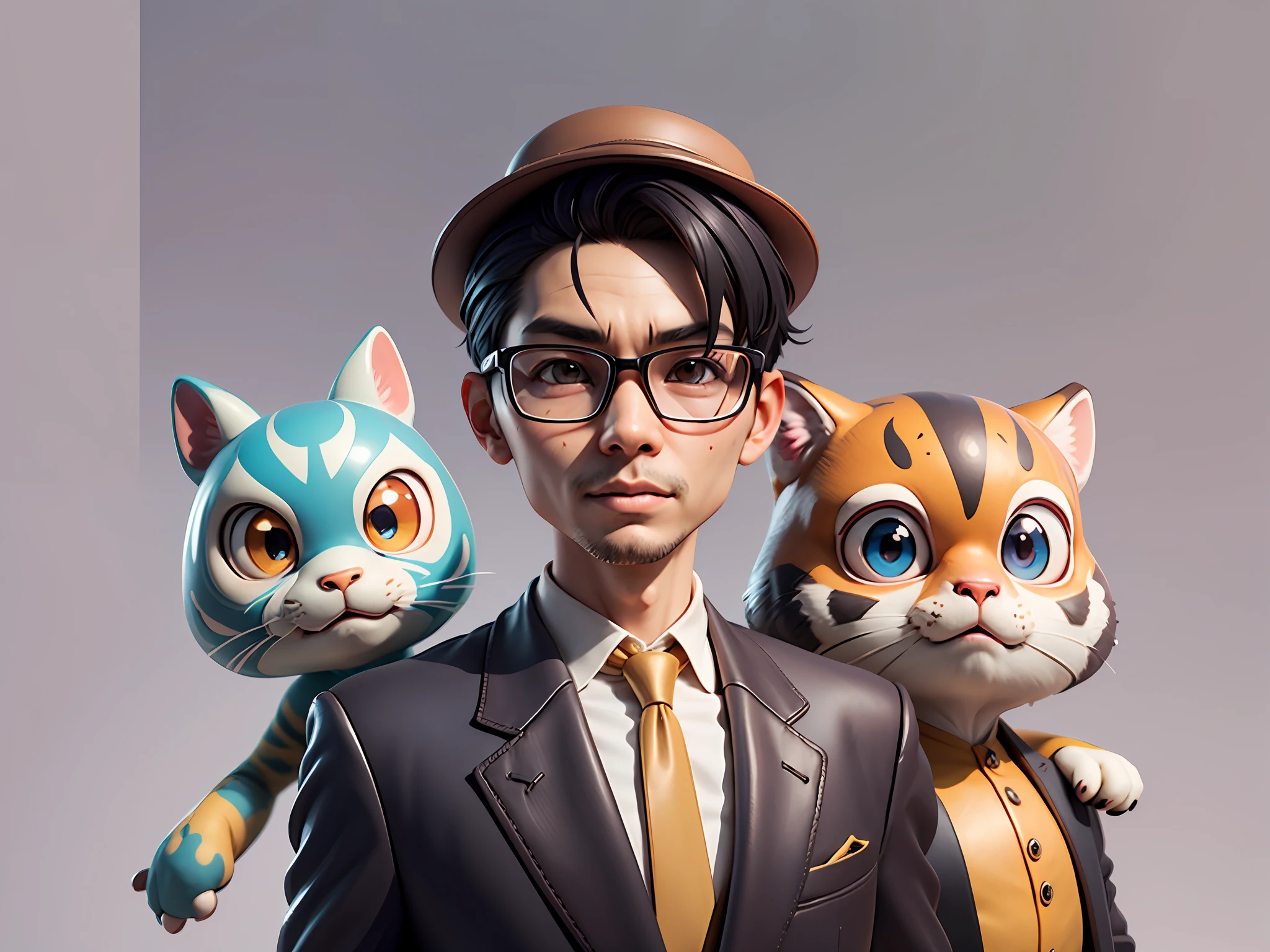 Young man with oriental face in leather hat, tiger, oriental face in formal suit, short black hair, silver glasses, digital painting, 3D character design by Mark Clairedon and Pixar and Hayao Miyazaki and Akira Toriyama, the illustration is a high-definition illustration in 4K resolution with very detailed facial features and cartoon-style visuals.