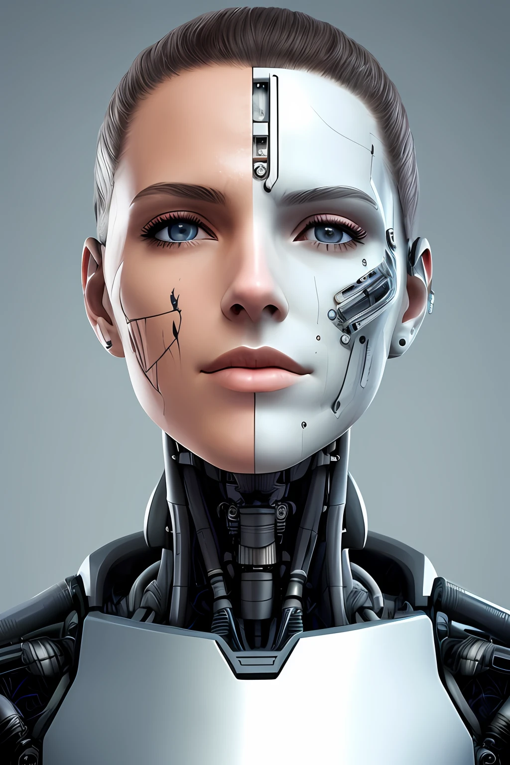 Cyborg face |Mechanical forehead,Mechanical cheeks,Female positive |Flesh-colored skin |Electronic systems: overhead humanoid robots |The details of the brain are right in front of you |Detailed connection lines for the face |Biopunk |scybernetic |cyber punk perssonage |Canon M50|100mm|sharp fokus |ultra-realistic realism |The is very detailed|intricately details |Front view |head straight-looking at viewer |1 head per body,face to the viewer,Scars on the face