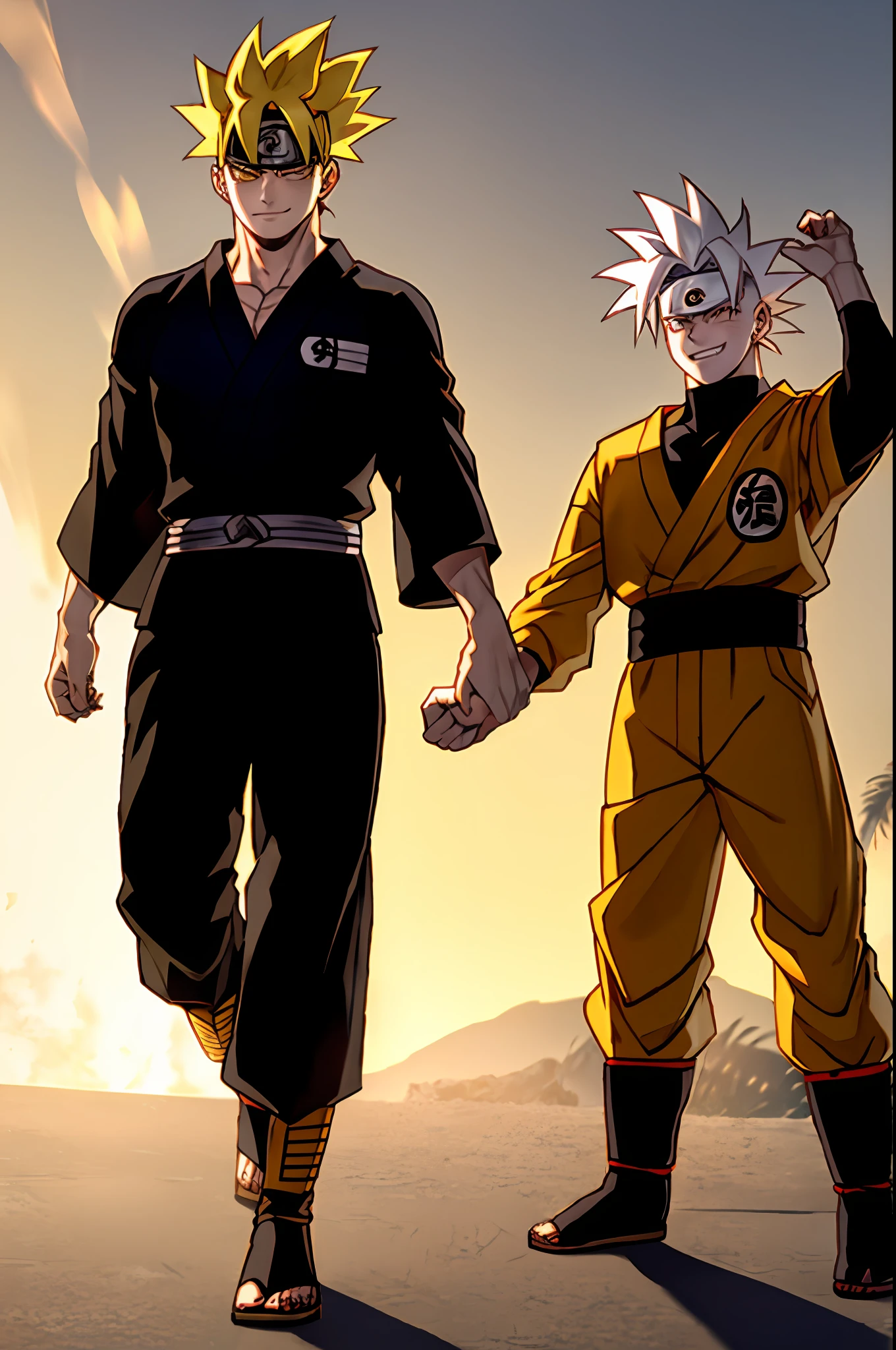Naruto, cabelo platinado, cabelo espetado, kimono pants laranja, musculoso, munhequeira preta, Botas estilosas, Foco masculino, fax, Camisa Preta, punhos, Fechado, corajoso, dentes Fechado, ((obra-prima))