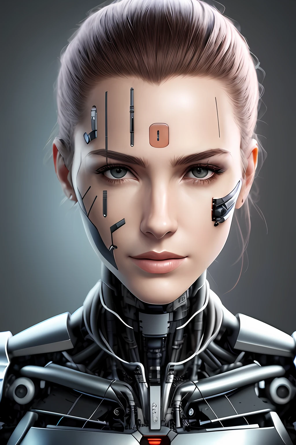 Cyborg face |Mechanical forehead,Mechanical cheeks,Female positive |Flesh-colored skin |Electronic systems: overhead humanoid robots |The details of the brain are right in front of you |Detailed connection lines for the face |Biopunk |scybernetic |cyber punk perssonage |Canon M50|100mm|sharp fokus |ultra-realistic realism |The is very detailed|intricately details |Front view |head straight-looking at viewer |1 head per body,face to the viewer,Scars on the face