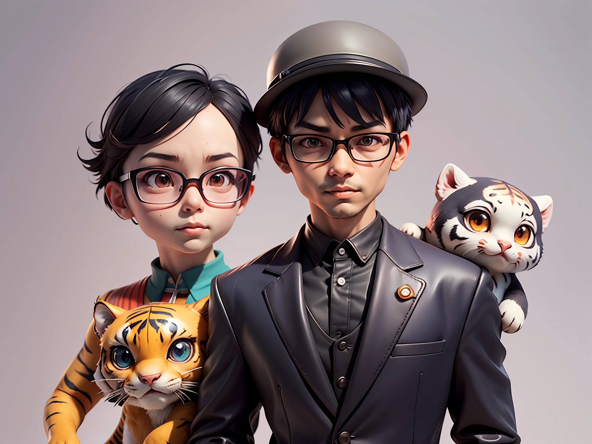 Young man with oriental face in leather hat, tiger, oriental face in formal suit, short black hair, silver glasses, digital painting, 3D character design by Mark Clairedon and Pixar and Hayao Miyazaki and Akira Toriyama, the illustration is a high-definition illustration in 4K resolution with very detailed facial features and cartoon-style visuals.