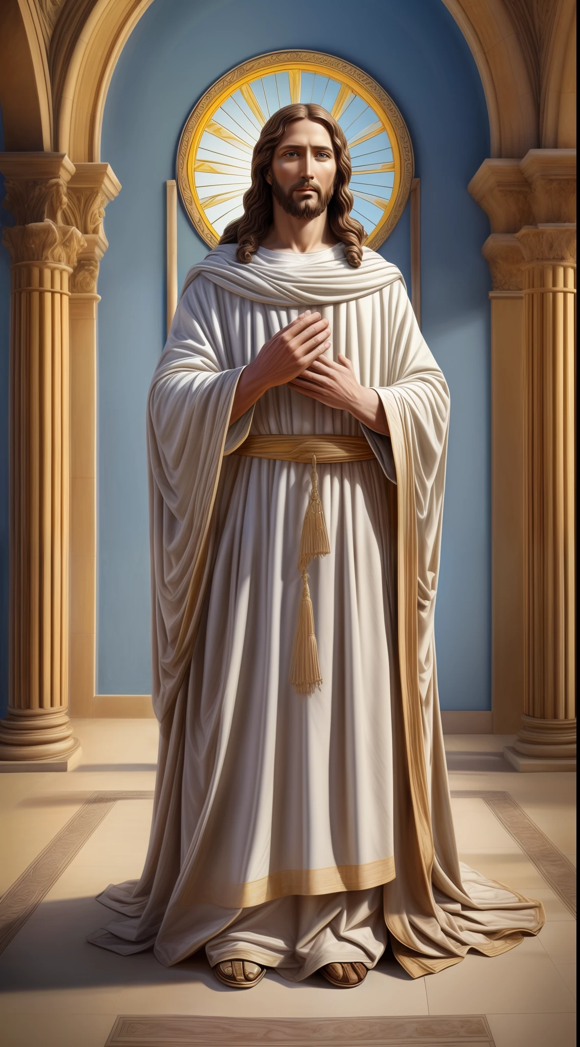 Portrait of a handsome Jesus , Jesus Christ, real blue eyes, sunny day, intricate details.real jesus lord, straight head face, Straight body.Prayer jesus, perfect full body